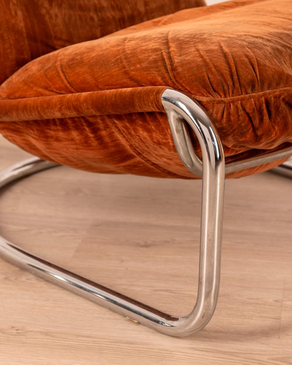 Fauteuil vintage des années 70 en acier et velours design italien 1