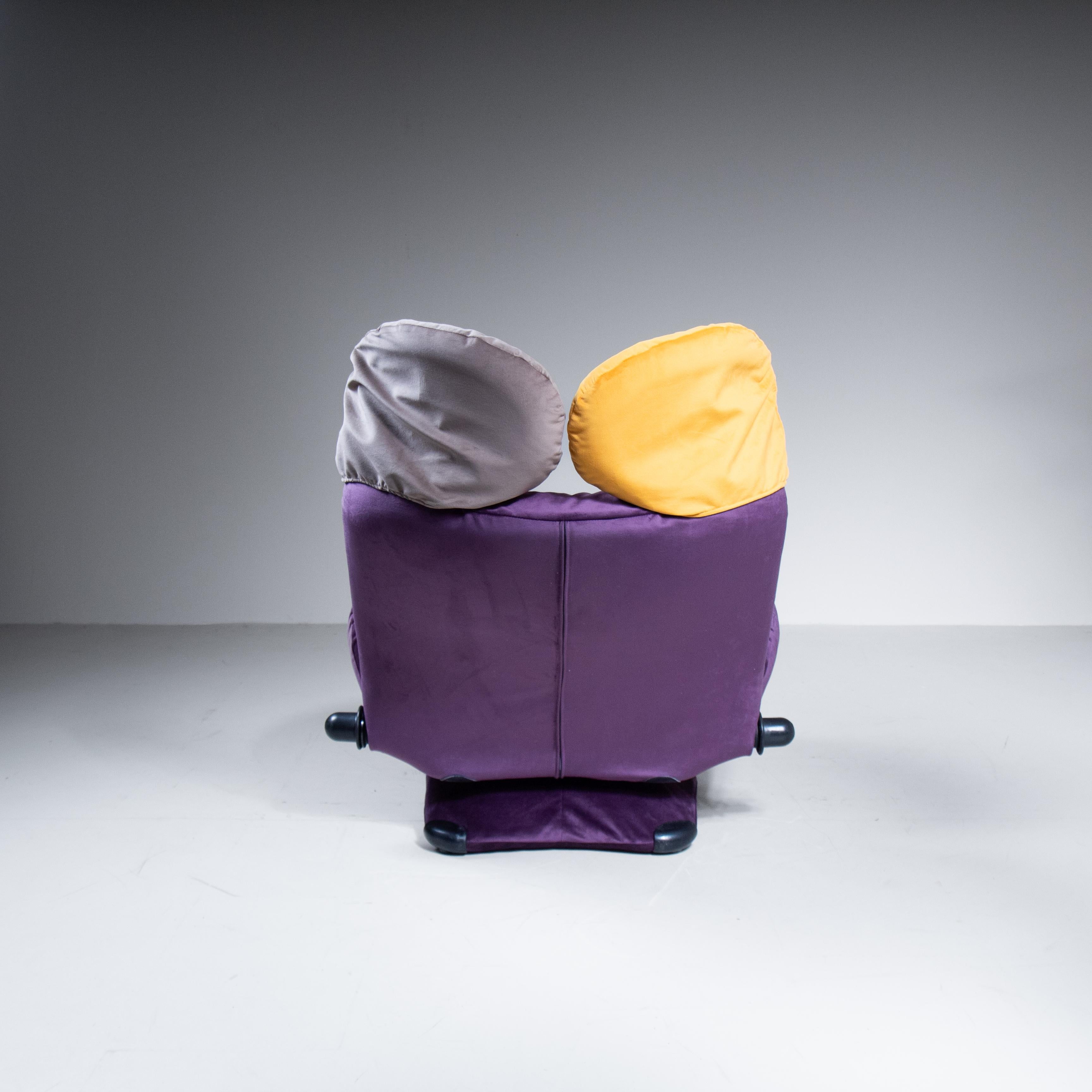 Adjustable armchair, single piece, Toshiyuki Kita, Cassina, Italy, 1980, colored velvet in three different colors and plastic components, equipped with adjustable backrest via side knobs and folding base that allows transformation into