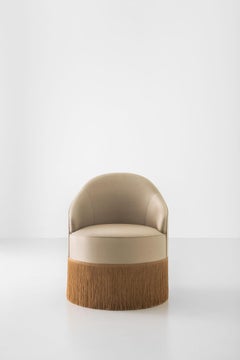 SCIURA Small Fringe Club Chair in Camel Brown Satin Fabric by Dimoremilano