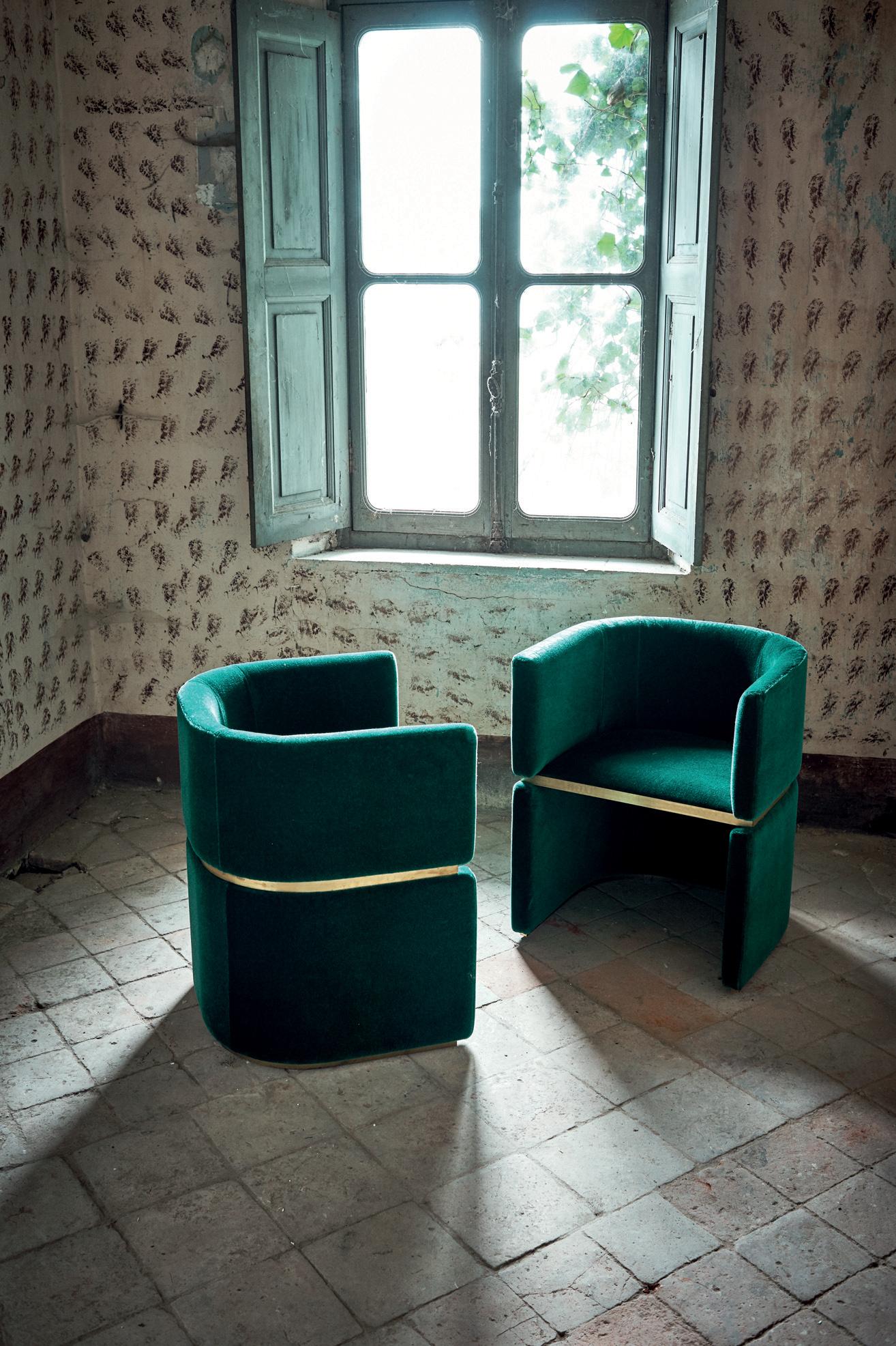 Contemporary Forest Green Mohair Upholstered Club Chair with Brass Detailing by Dimoremilano