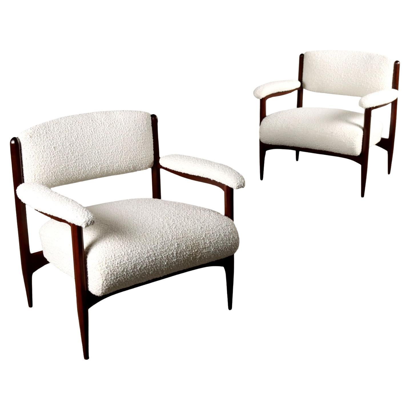 1960s armchairs with wooden arms, restored, white For Sale