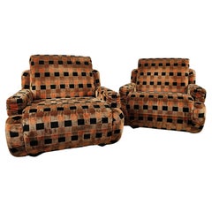 1970s plaid fabric and steel armchairs