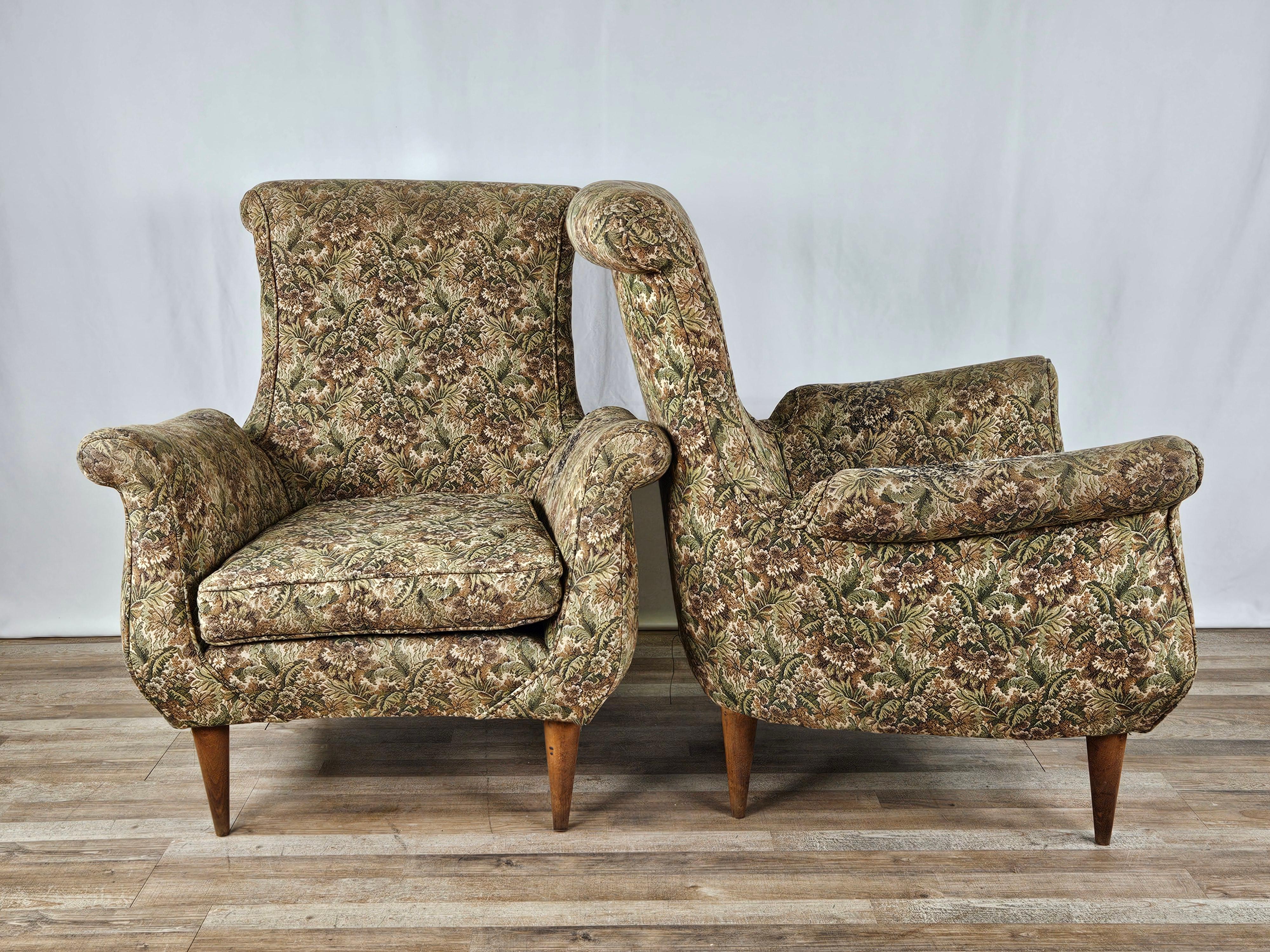 Modern 1970s floral fabric armchairs with wooden feet For Sale