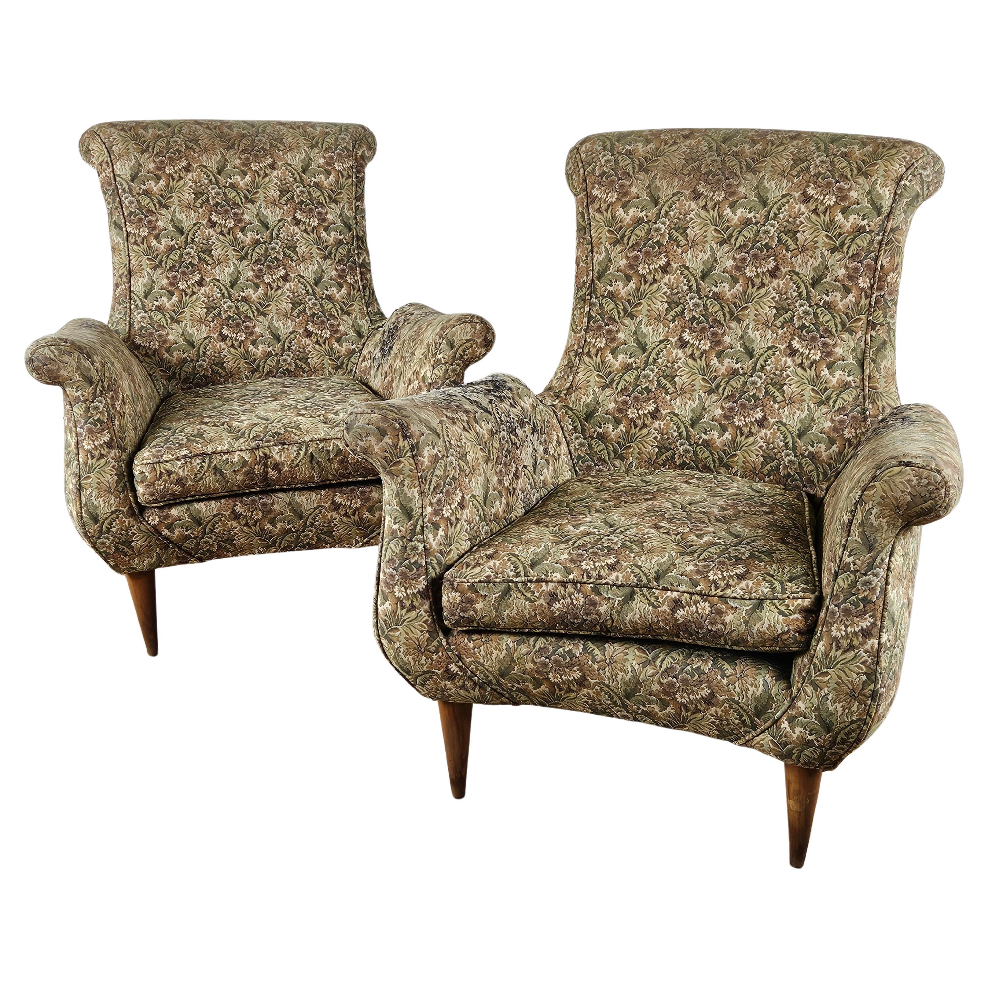 1970s floral fabric armchairs with wooden feet For Sale
