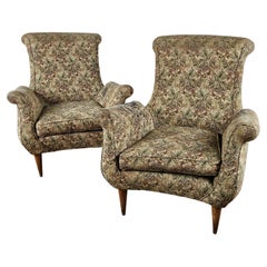 1970s floral fabric armchairs with wooden feet
