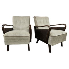 Fauteuils Art Déco des années 1940 en noyer avec revêtement en cuir et tissu