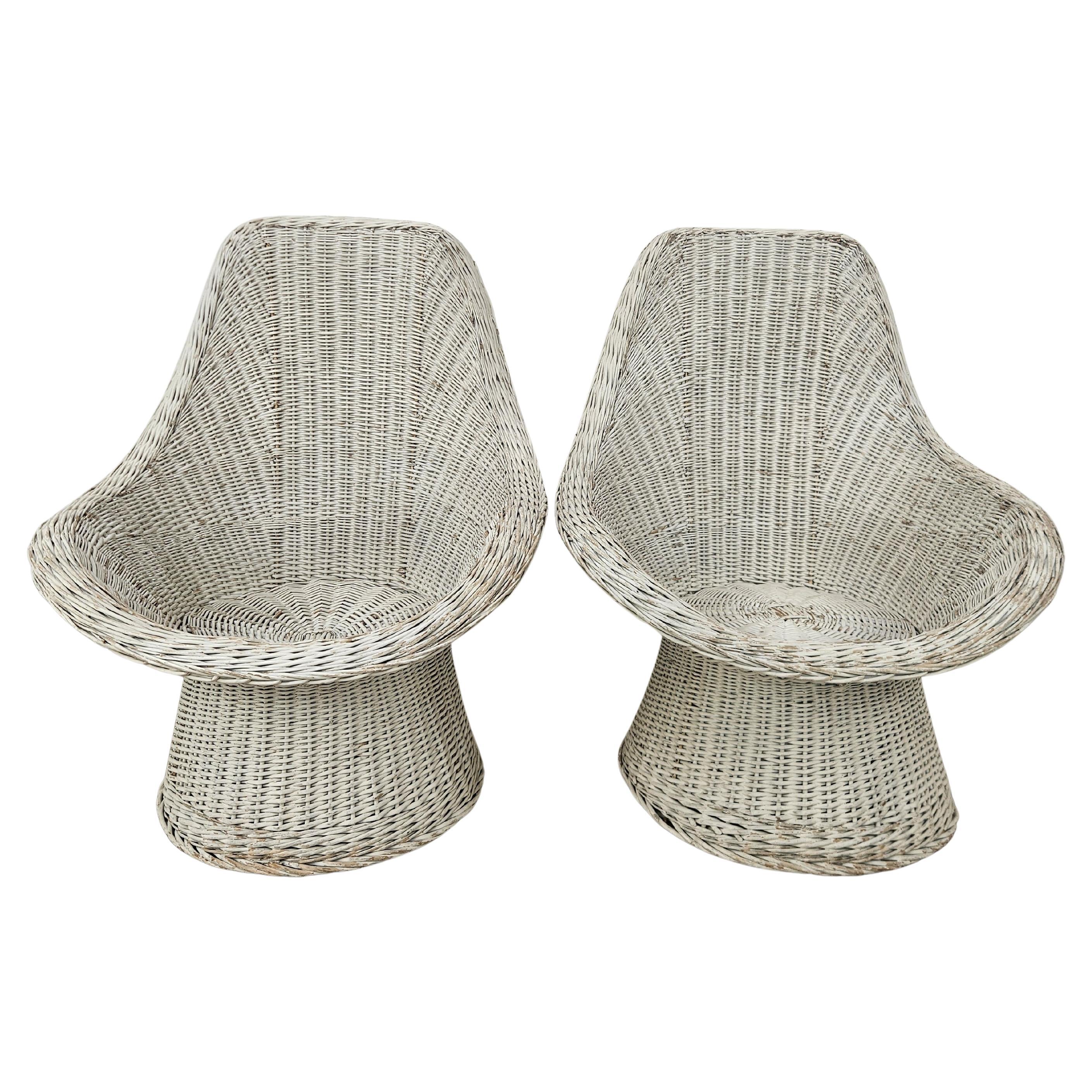 Vintage 1970s white wicker outdoor armchairs