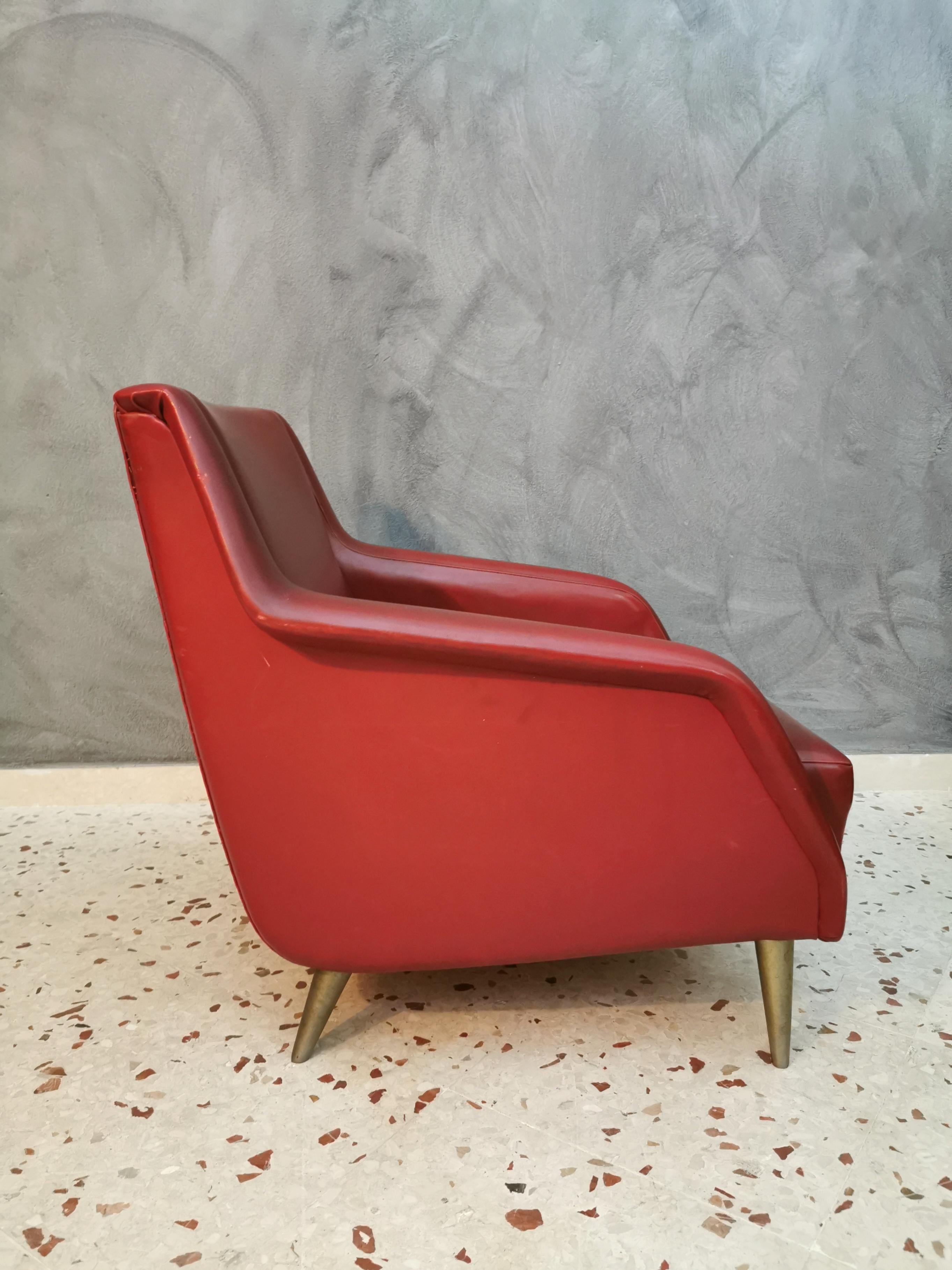 Italian Mid Century Armchairs by Carlo de Carli in Red Eco-Leather, 1950s, Italy