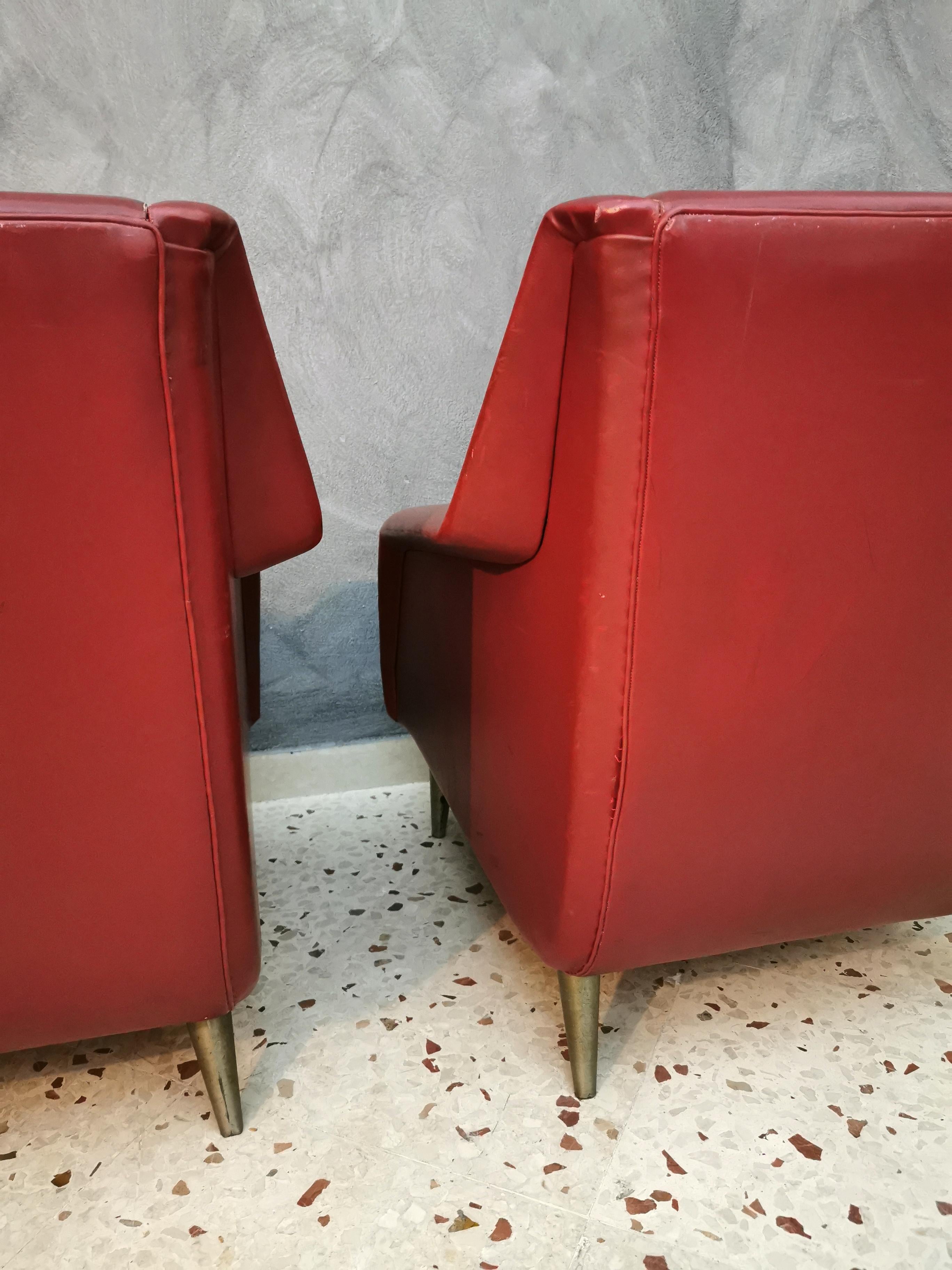 Mid-20th Century Mid Century Armchairs by Carlo de Carli in Red Eco-Leather, 1950s, Italy