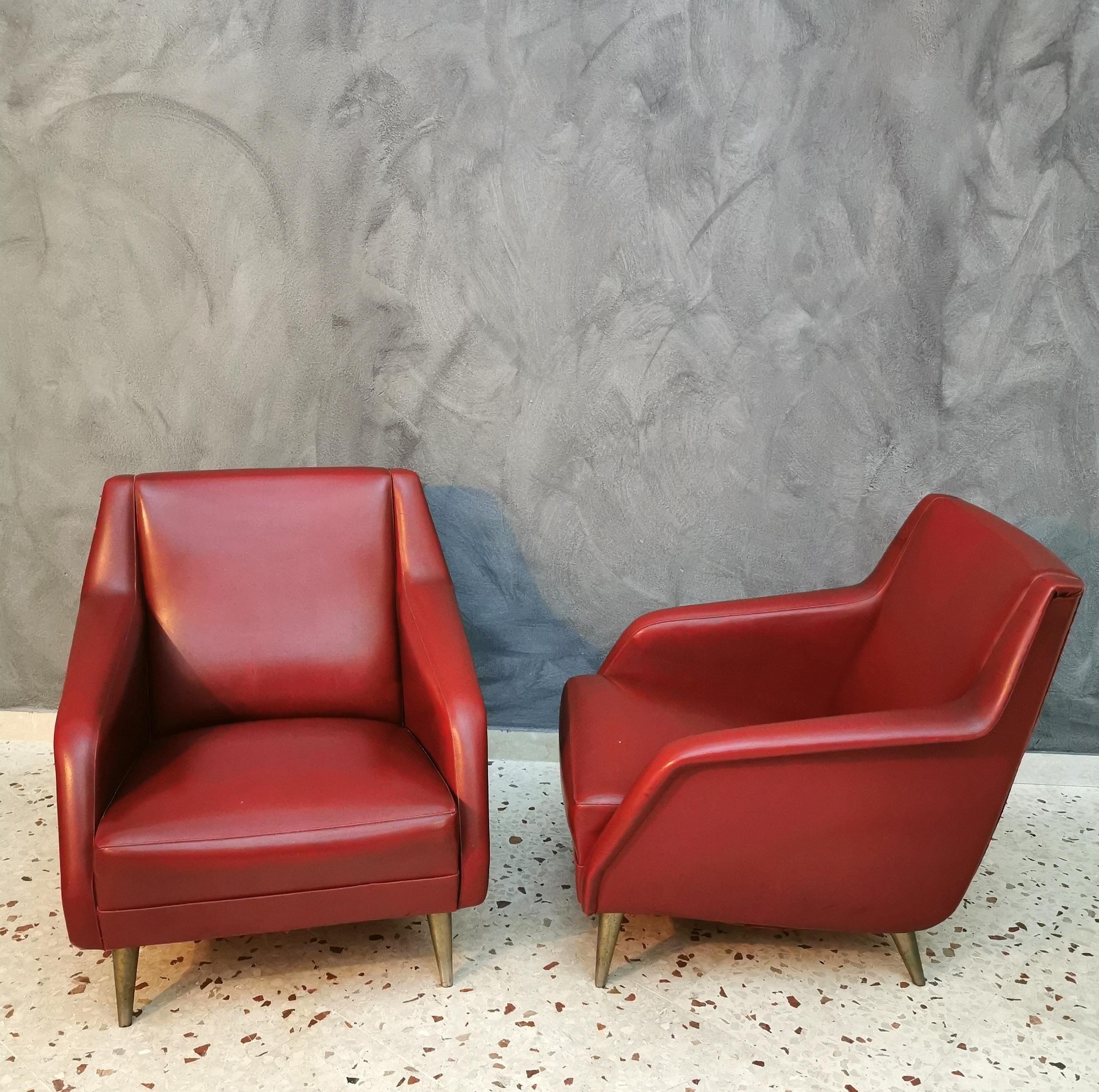 Mid Century Armchairs by Carlo de Carli in Red Eco-Leather, 1950s, Italy 1
