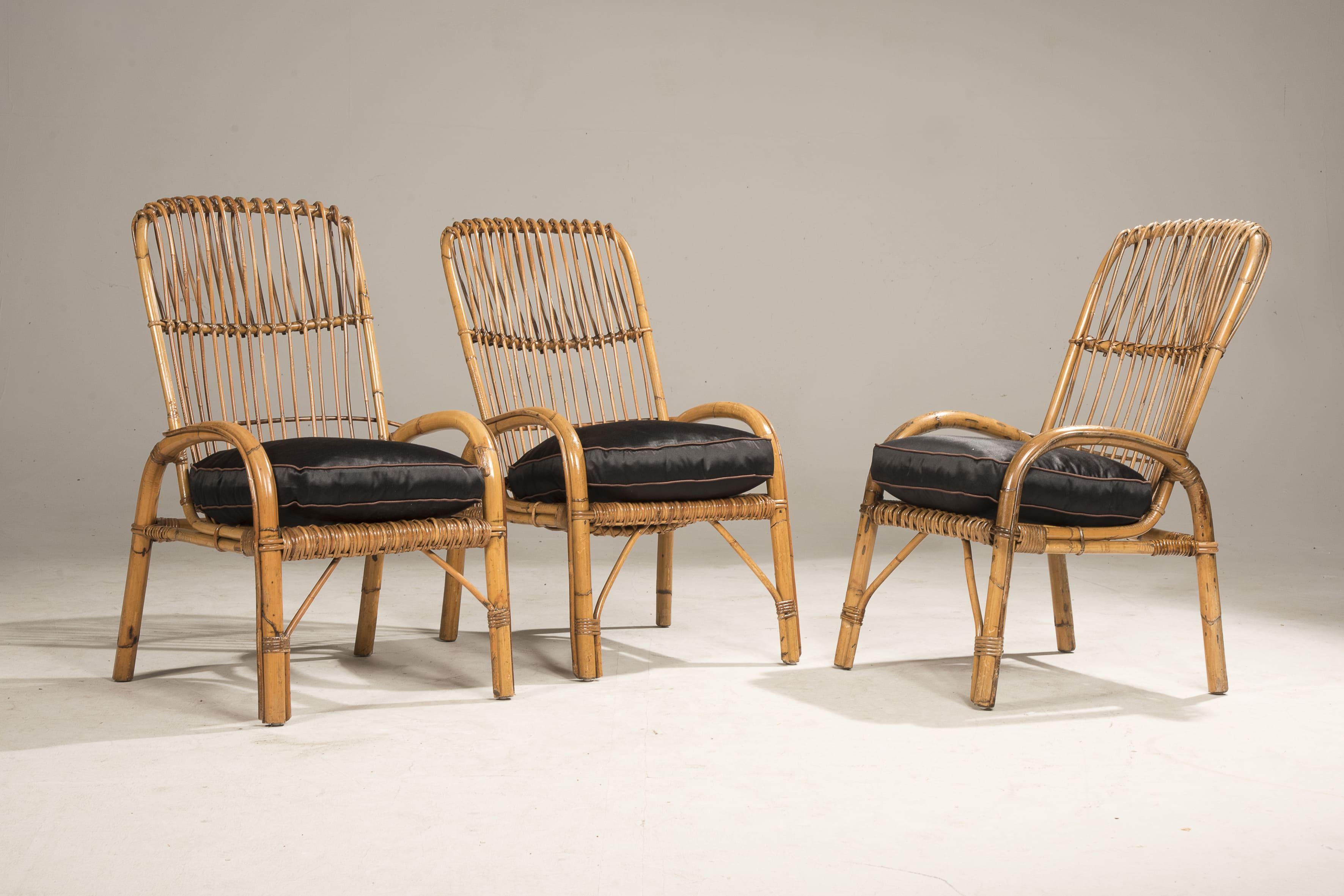 Polished 1950 Franco Albini Three Bambù Riviera model Armchairs For Sale