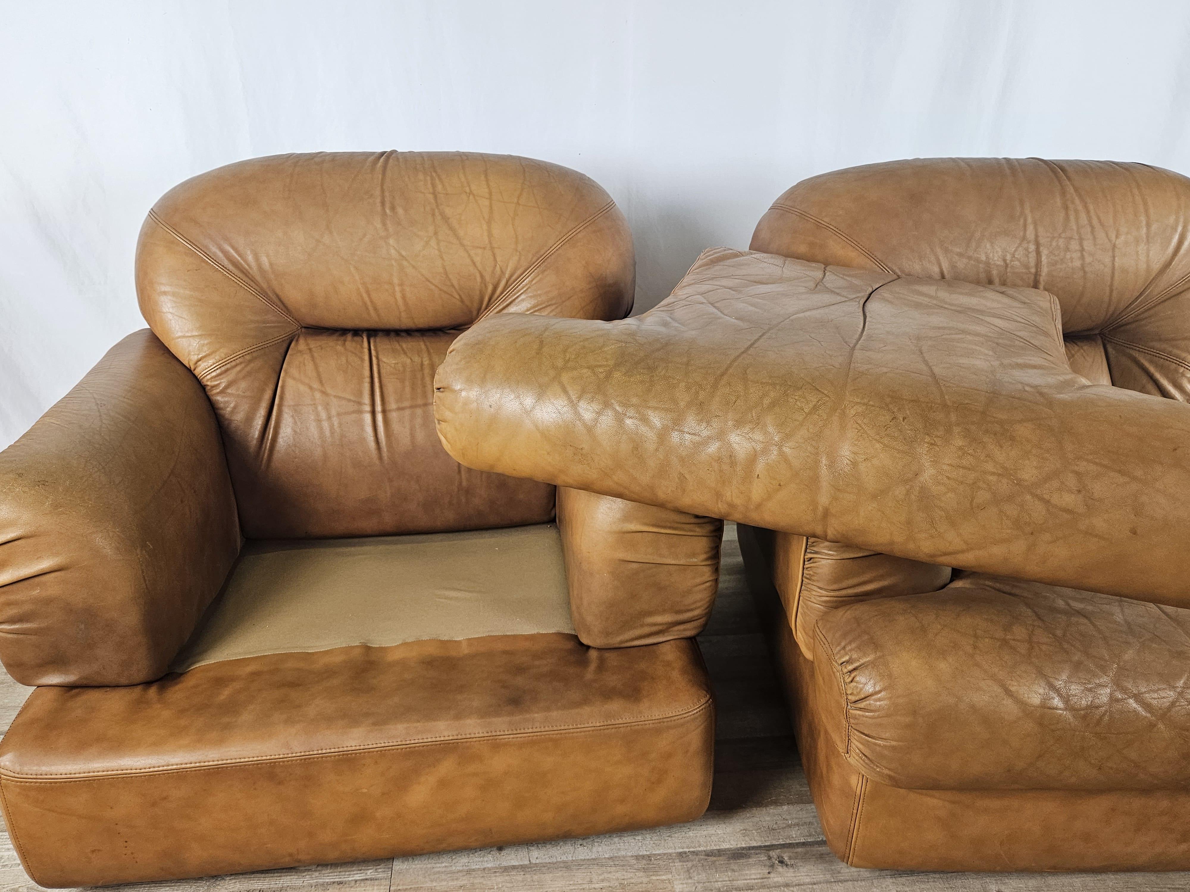 Cognac leather 1970s armchairs by Estasis Salotti - Meda For Sale 9