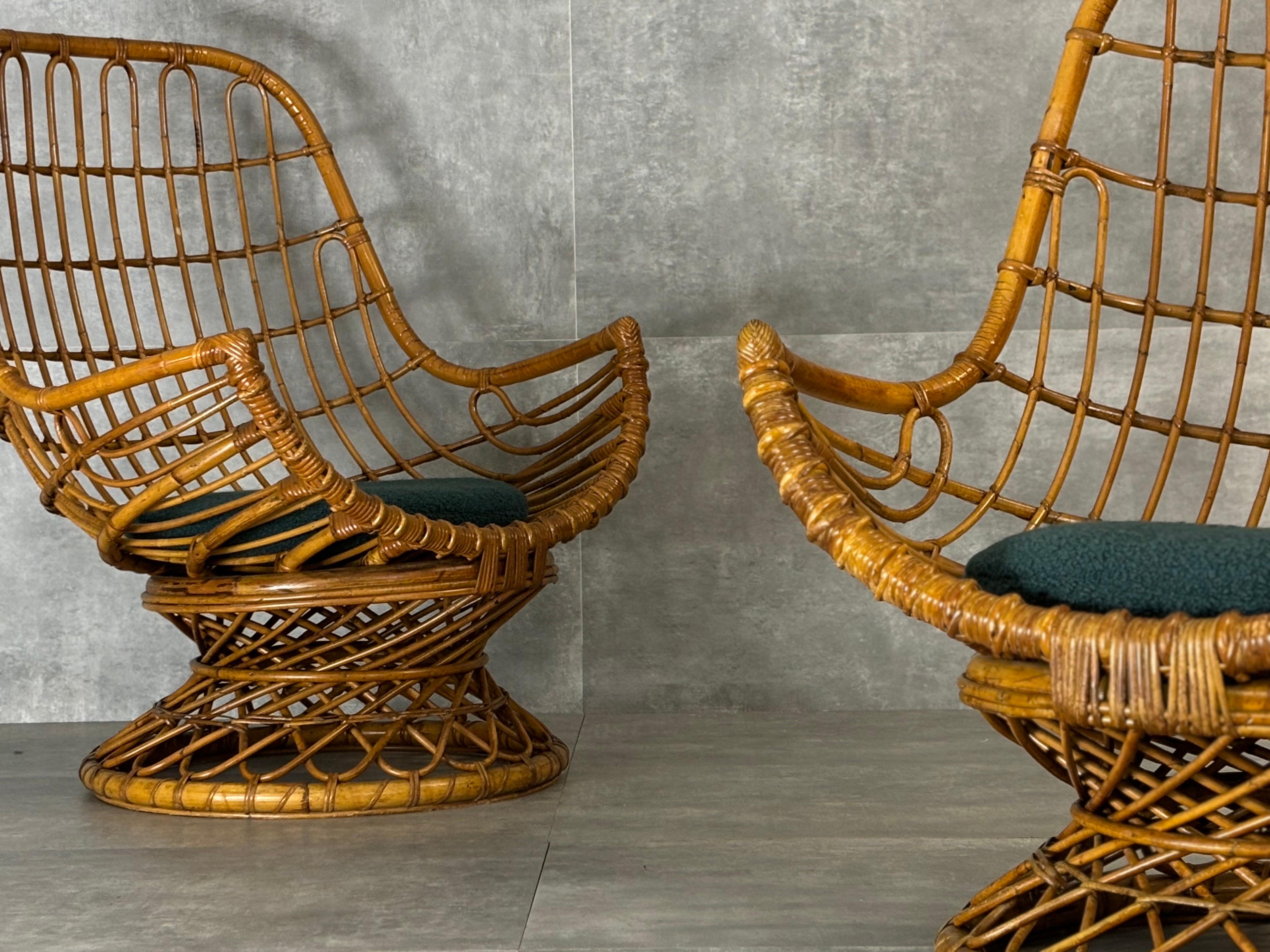 Wicker armchairs, 1960s, green bouclé seat, set of 2 In Good Condition For Sale In Quarrata, IT