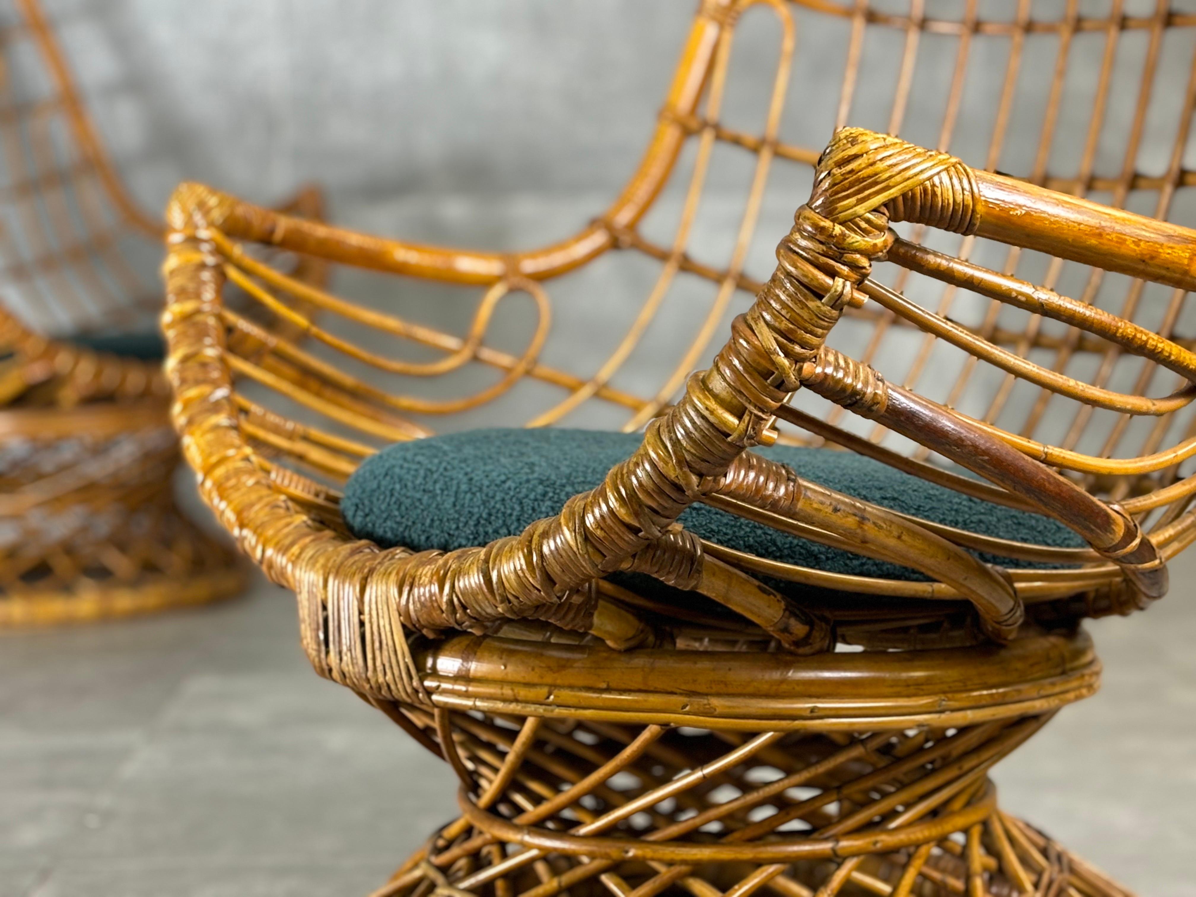 Mid-20th Century Wicker armchairs, 1960s, green bouclé seat, set of 2 For Sale