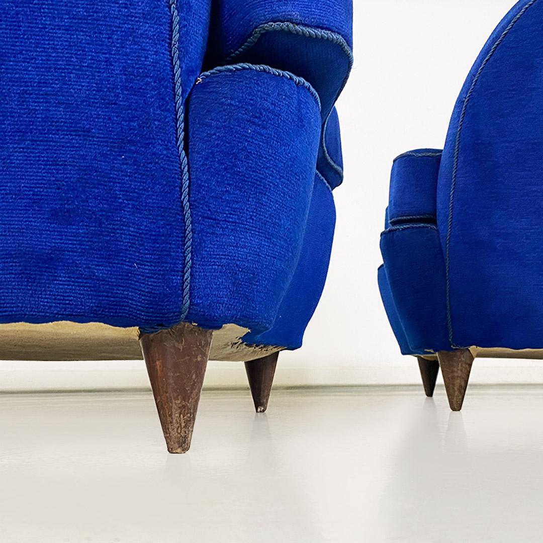 Italian shell armchairs, in electric blue fabric and wooden legs, 1950s For Sale 12