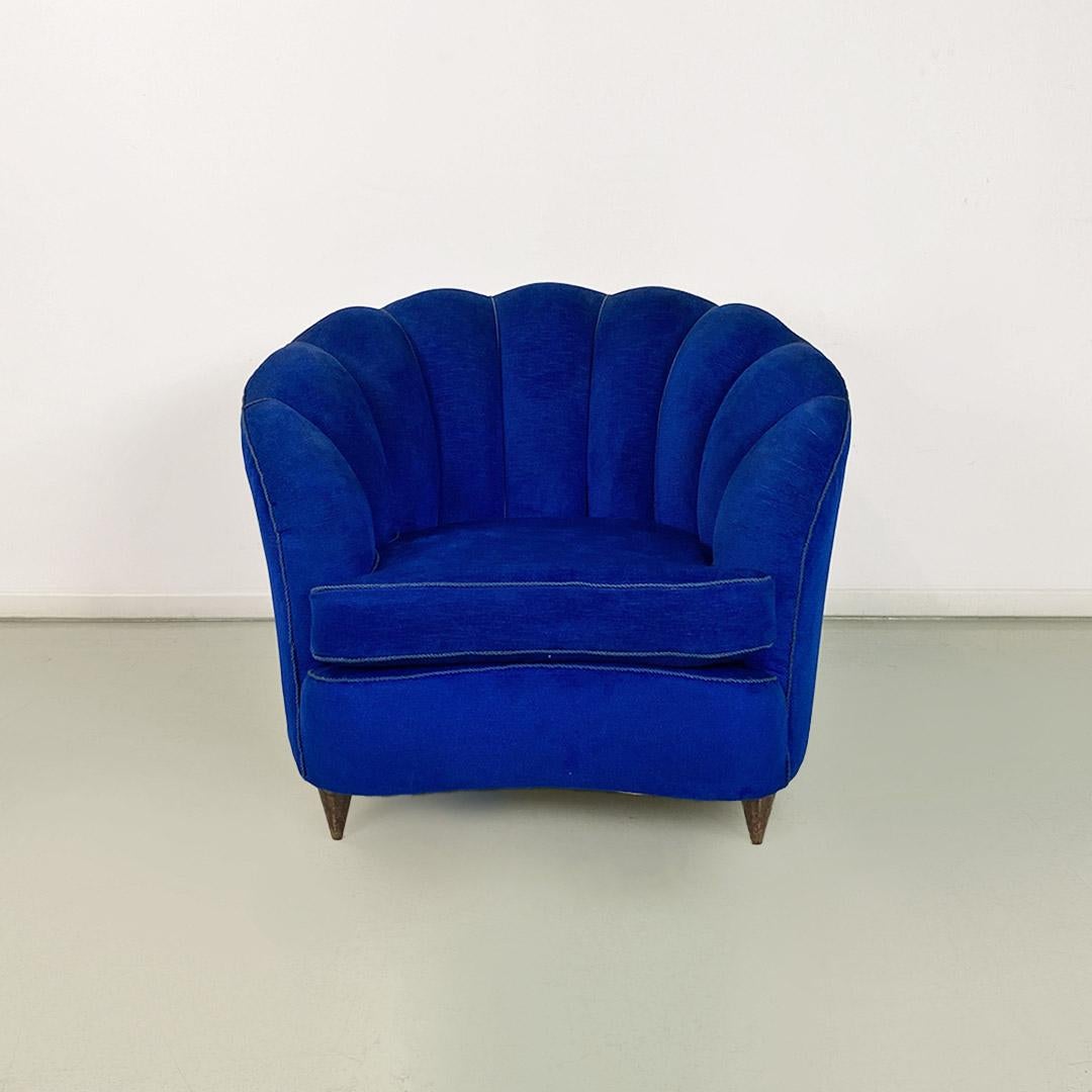 Mid-20th Century Italian shell armchairs, in electric blue fabric and wooden legs, 1950s For Sale