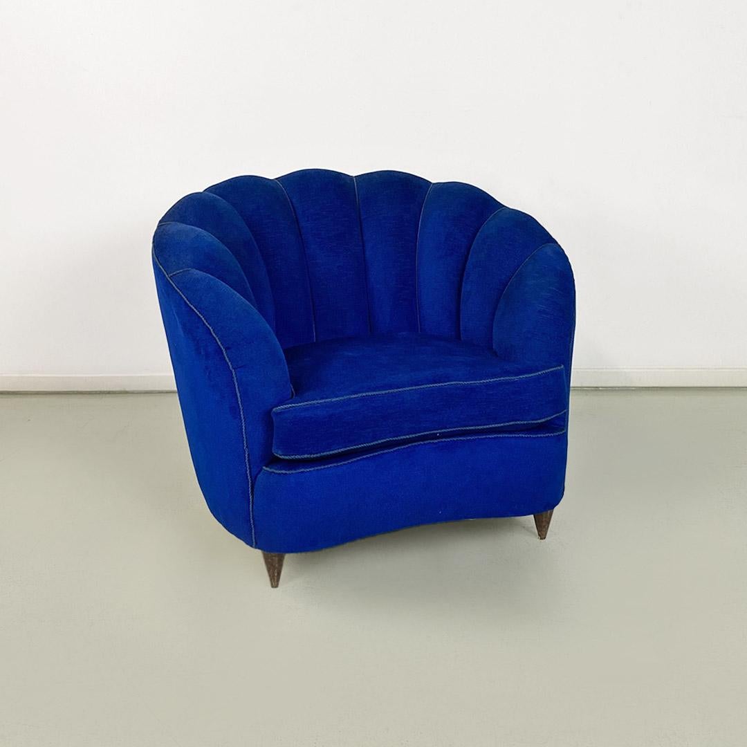 Fabric Italian shell armchairs, in electric blue fabric and wooden legs, 1950s For Sale