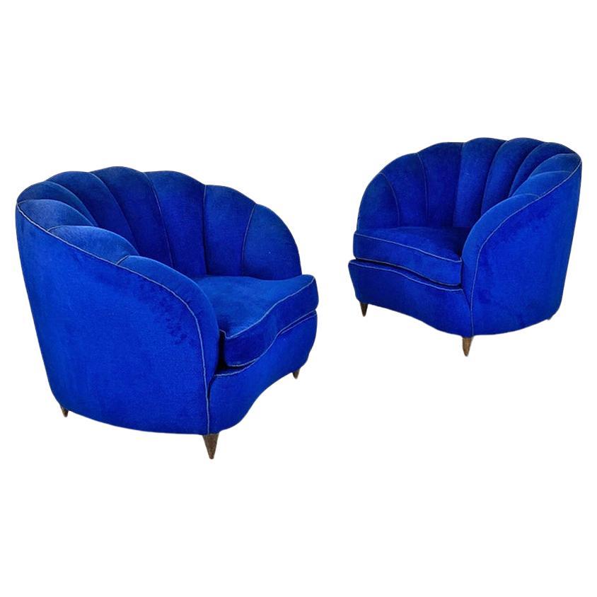 Italian shell armchairs, in electric blue fabric and wooden legs, 1950s For Sale