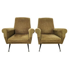 Poltrone Mid Century in stoffa con piedi in ferro e legno, 1960
