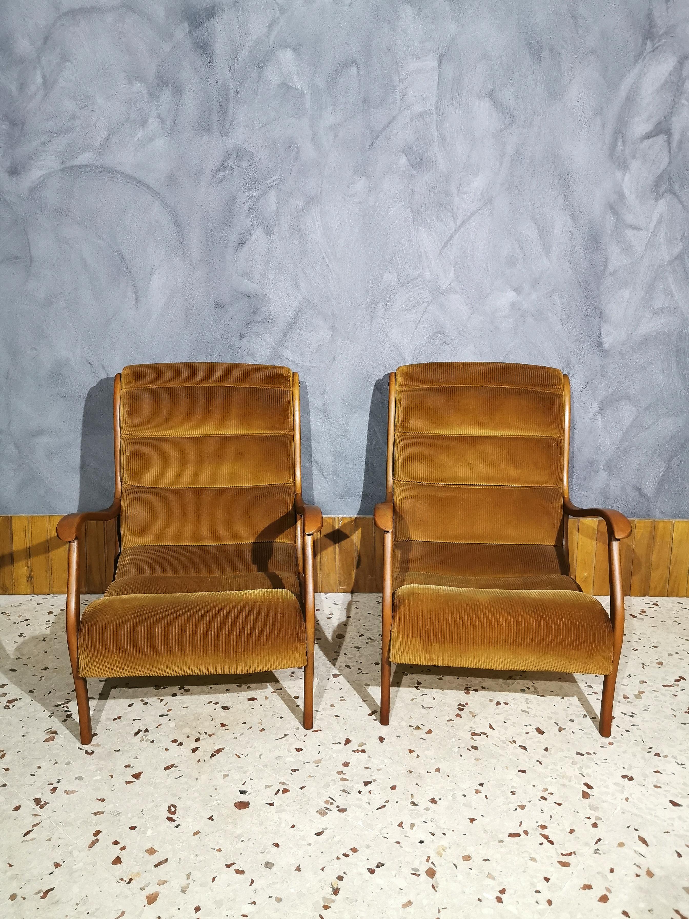 Armchairs Midcentury by Ezio Loghi for Elam, Velvet and Wood, Italy In Good Condition In Palermo, IT
