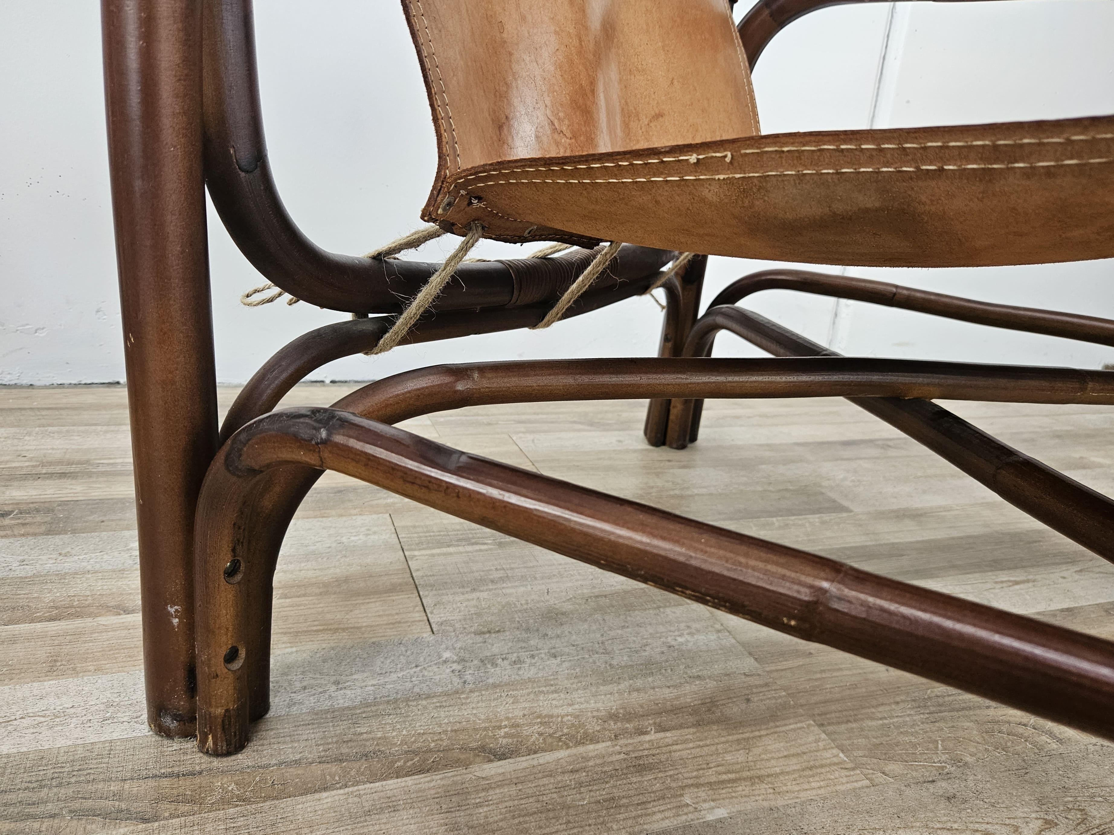 Sillones Safari en bambú y cuero de Tito Agnoli años 60 en venta 7