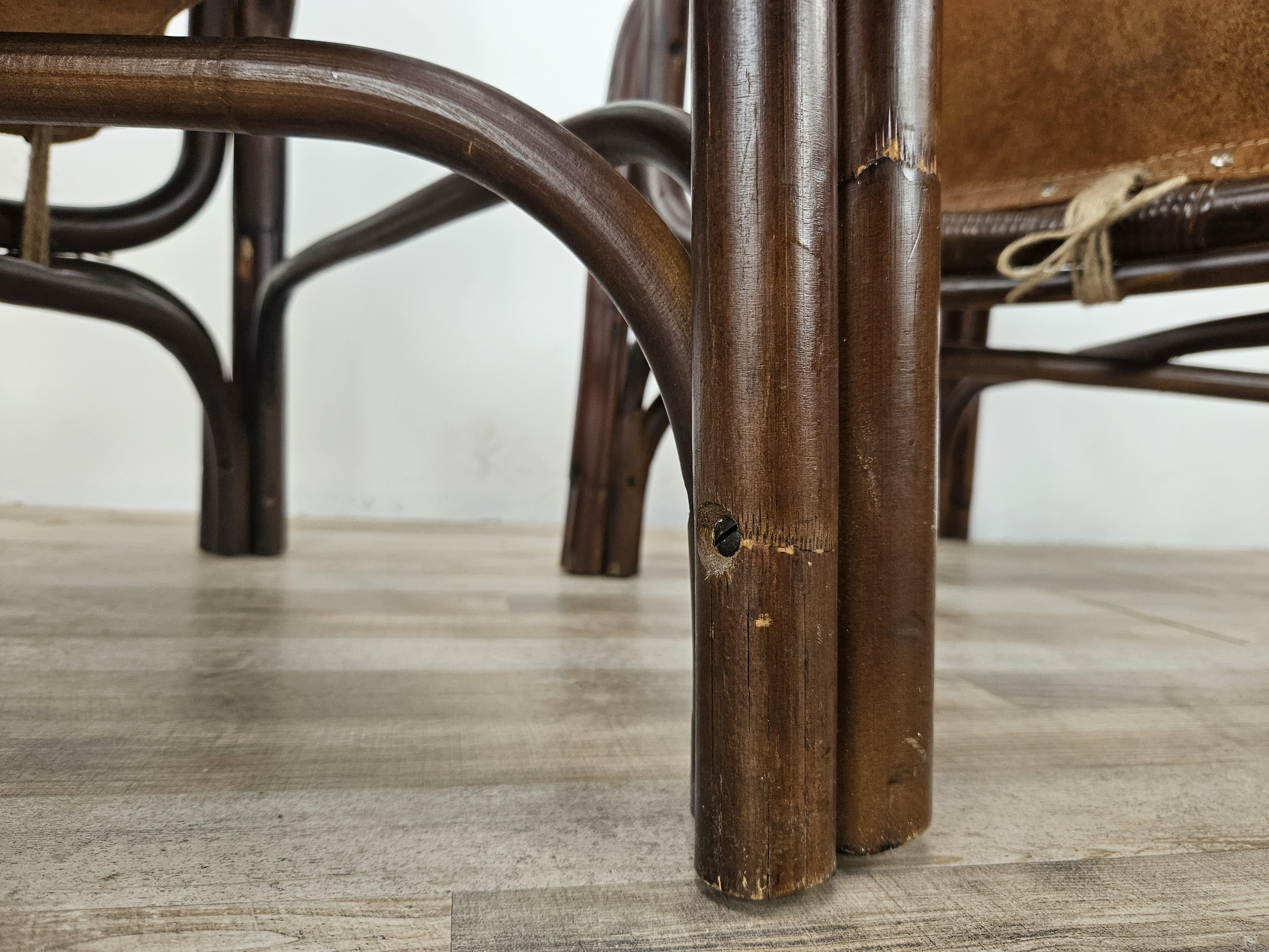 Sillones Safari en bambú y cuero de Tito Agnoli años 60 en venta 12
