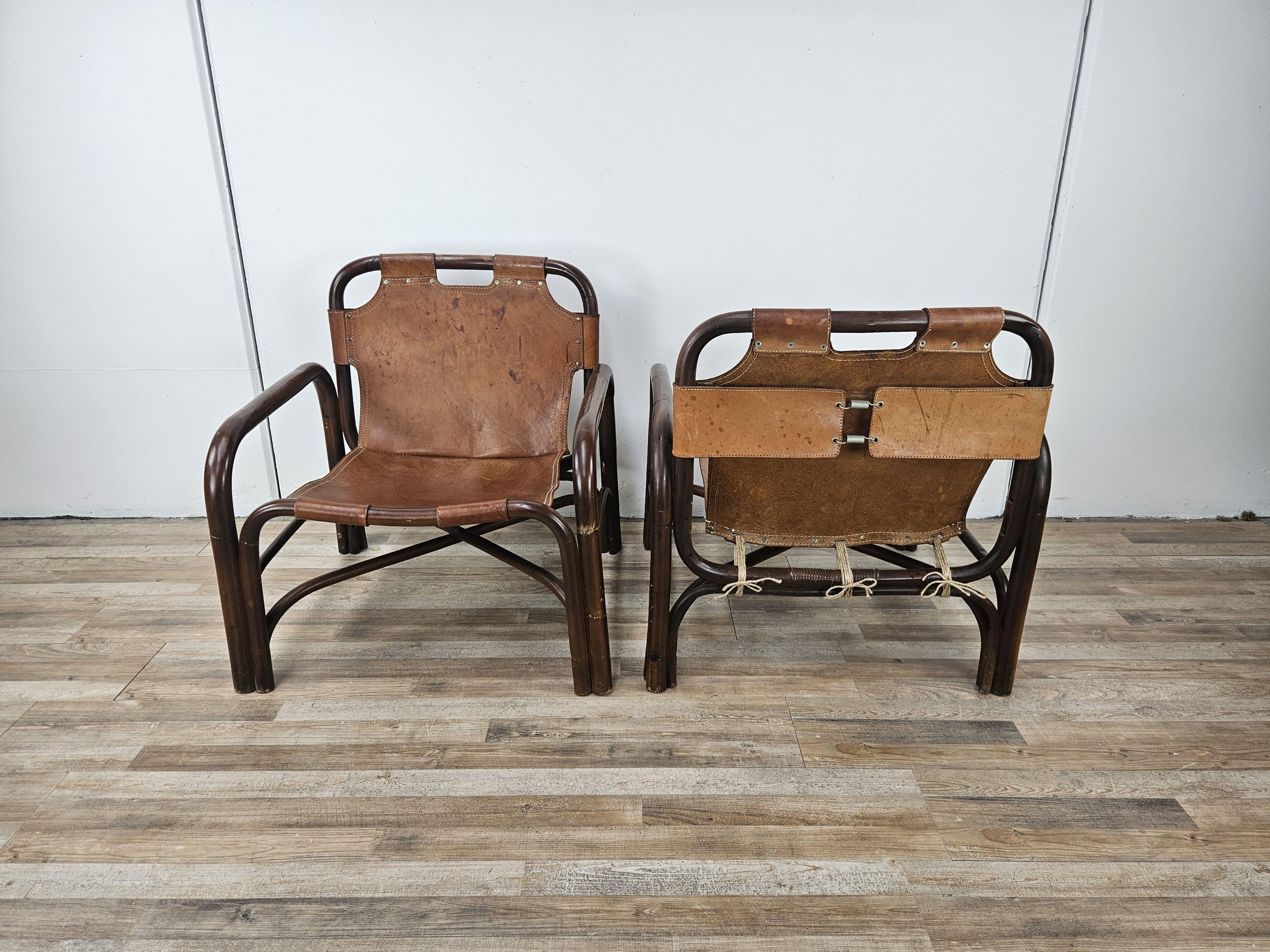 Sillones Safari en bambú y cuero de Tito Agnoli años 60 Moderno de mediados de siglo en venta