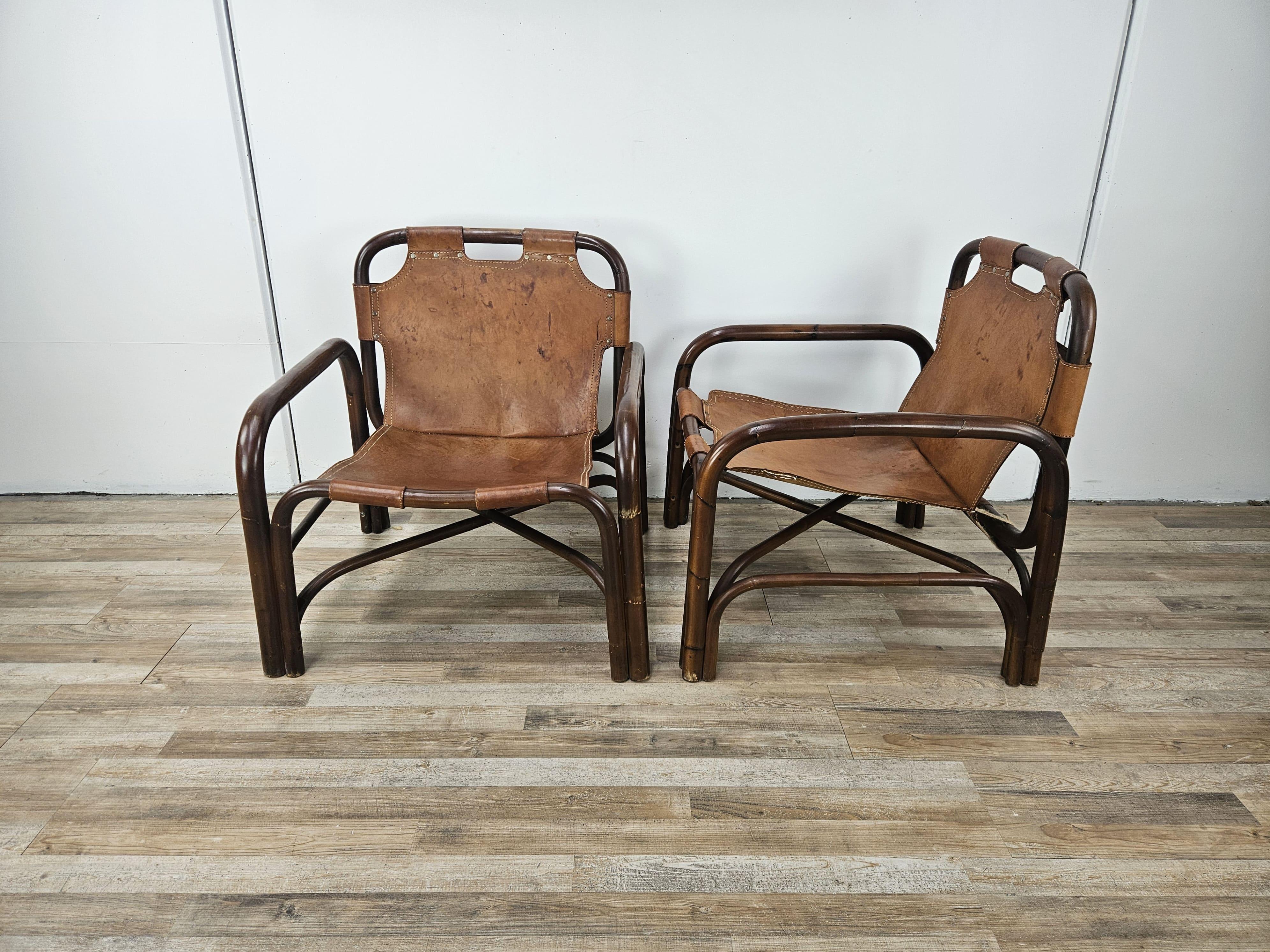 Sillones Safari en bambú y cuero de Tito Agnoli años 60 Italian en venta