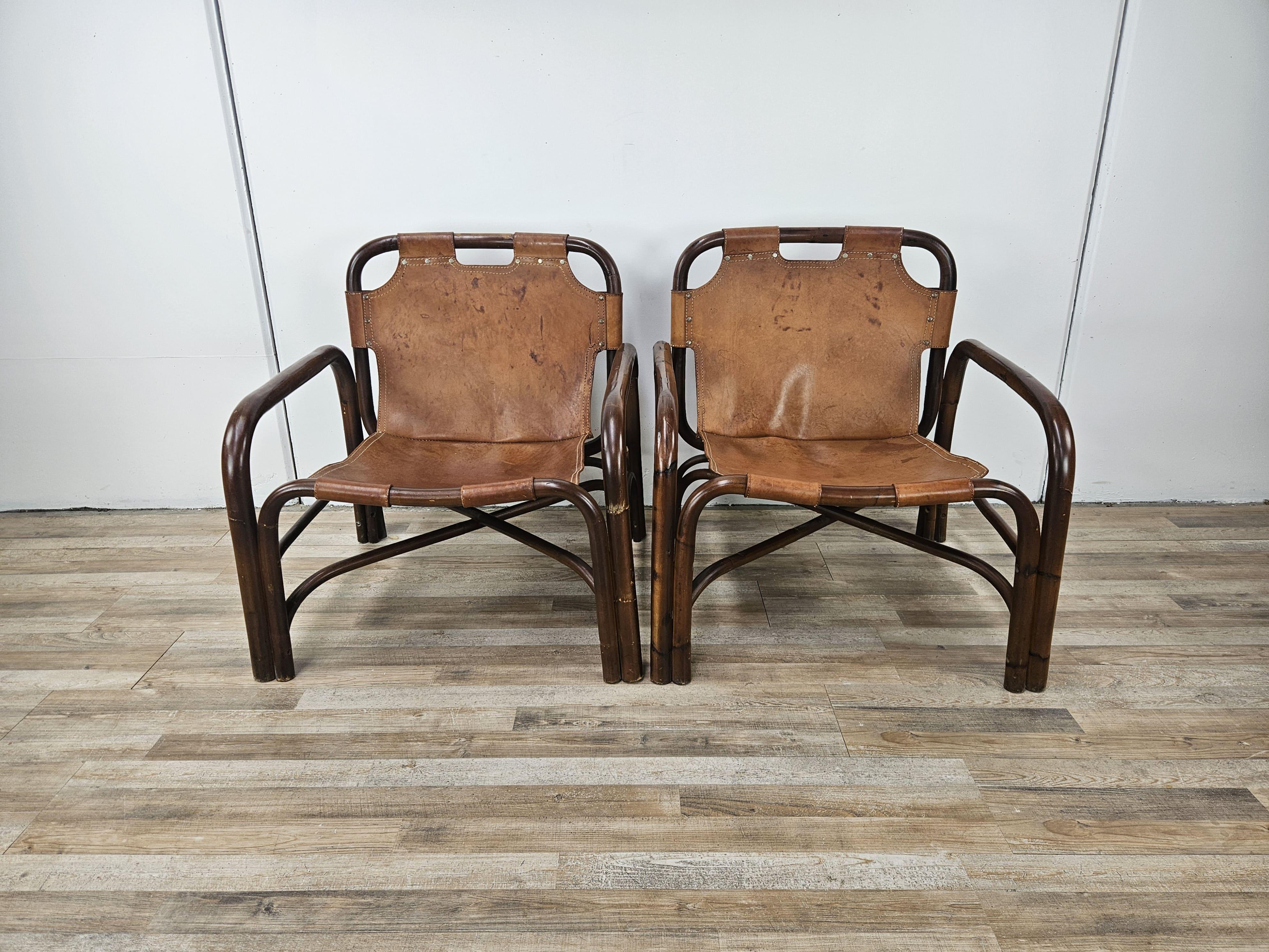 Sillones Safari en bambú y cuero de Tito Agnoli años 60 en Bueno estado para la venta en Premariacco, IT