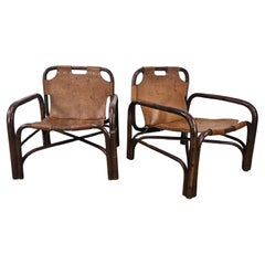 Safari armchairs in bamboo and leather by Tito Agnoli 1960s