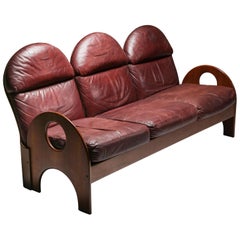 Poltronova Sofa by Gae Aulenti "Arcata" in Walnut and Burgundy Leather, 1968