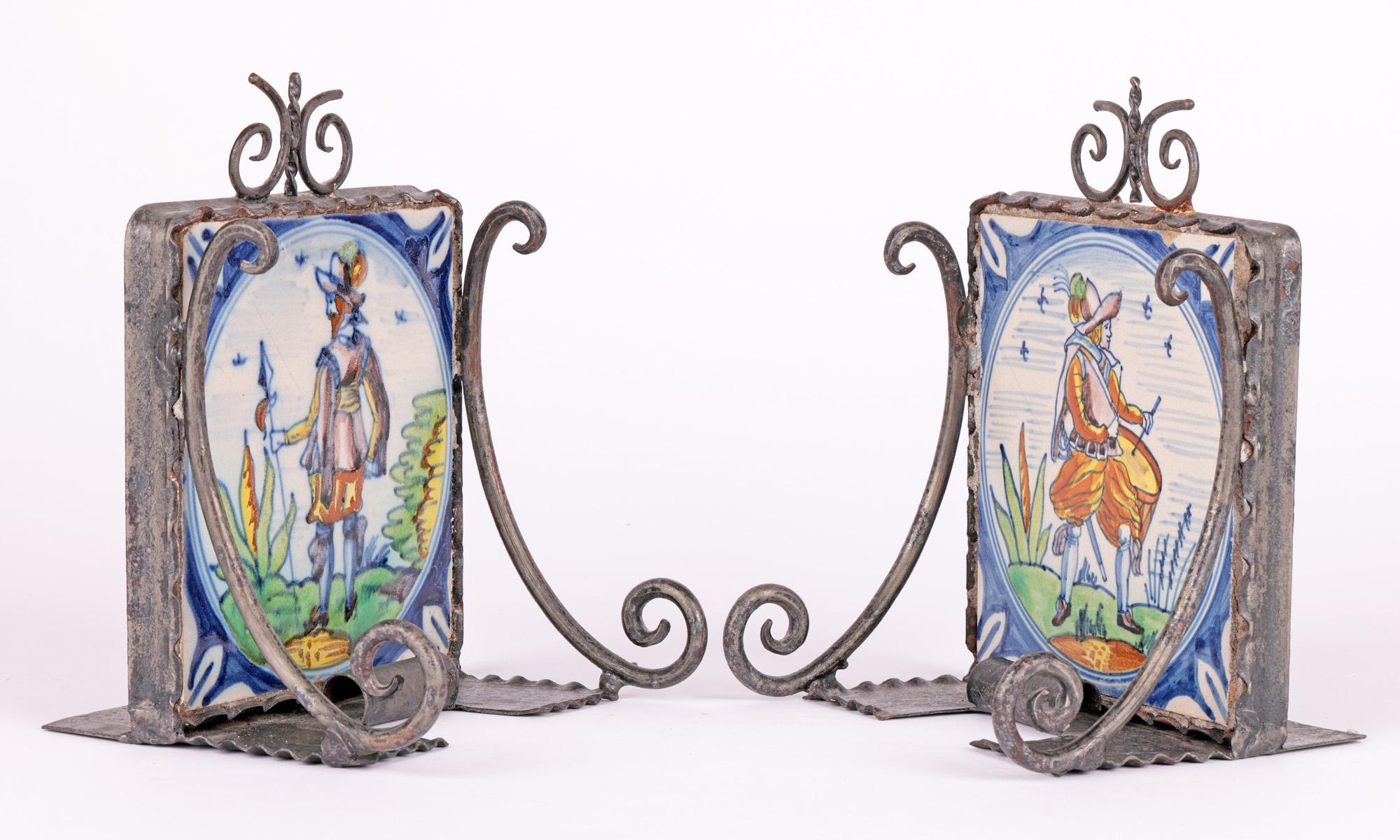 Polychrome 18th Century Tile Mounted Metal Bookends 5