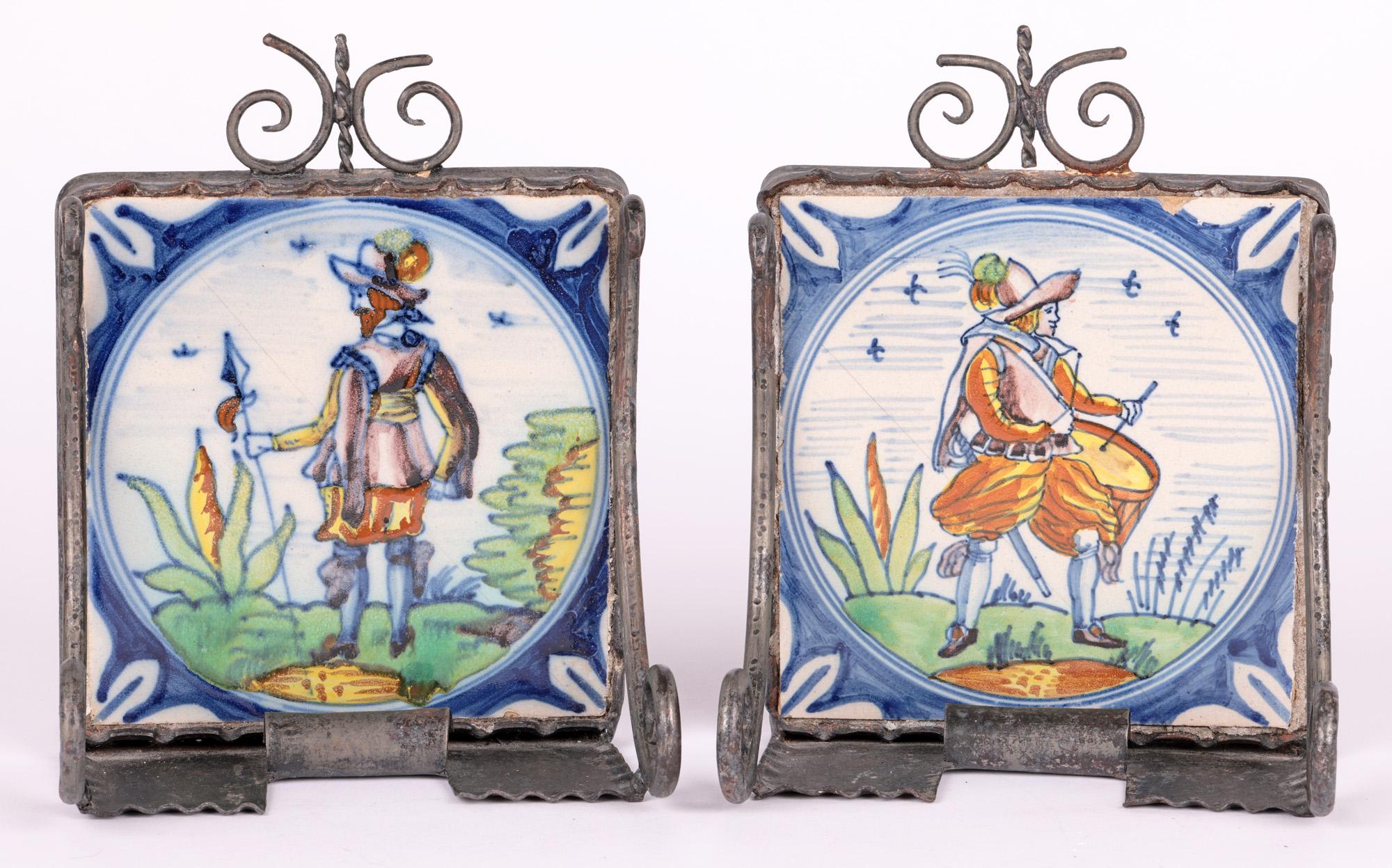 Hand-Crafted Polychrome 18th Century Tile Mounted Metal Bookends