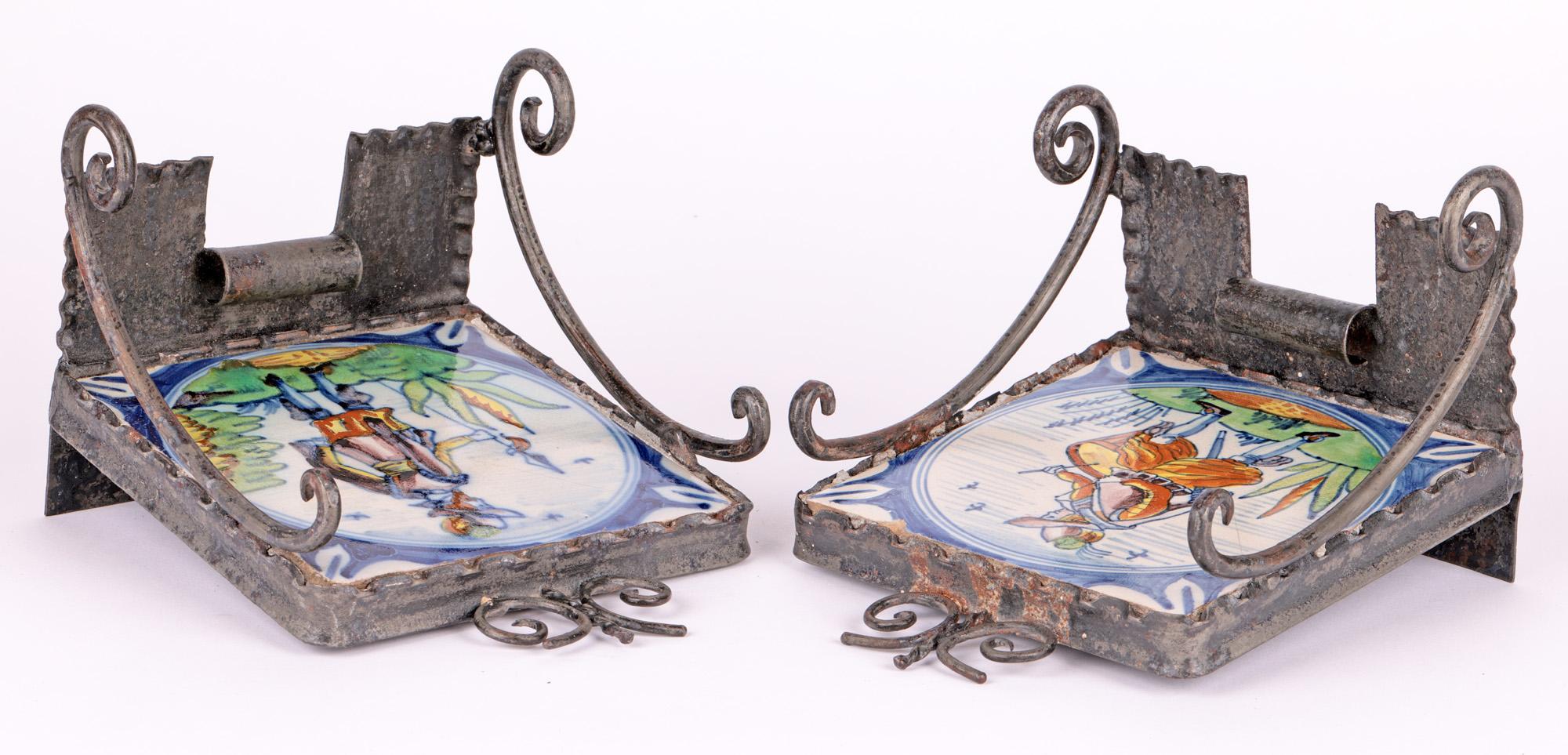 Polychrome 18th Century Tile Mounted Metal Bookends In Fair Condition In Bishop's Stortford, Hertfordshire