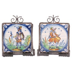 Polychrome 18th Century Tile Mounted Metal Bookends
