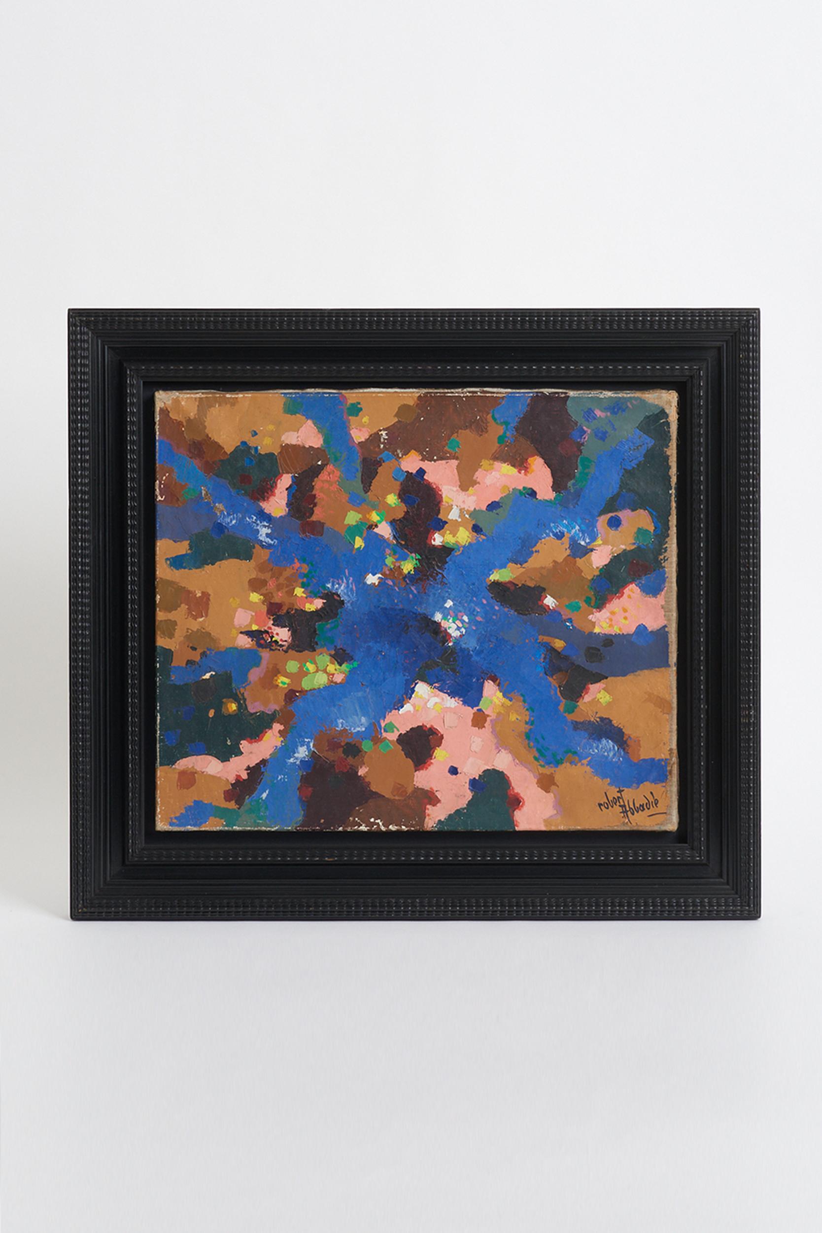 An abstract painting, signed Robert Abbadie.
Polychrome oil on canvas.
France, Mid-20th Century.