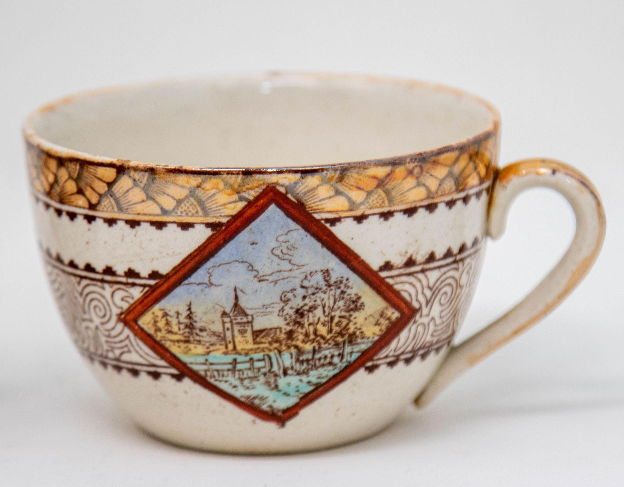 Platos y tazas de cerámica de transferencia estética policromada Wisconsin por Brownfield s. XIX en venta 3