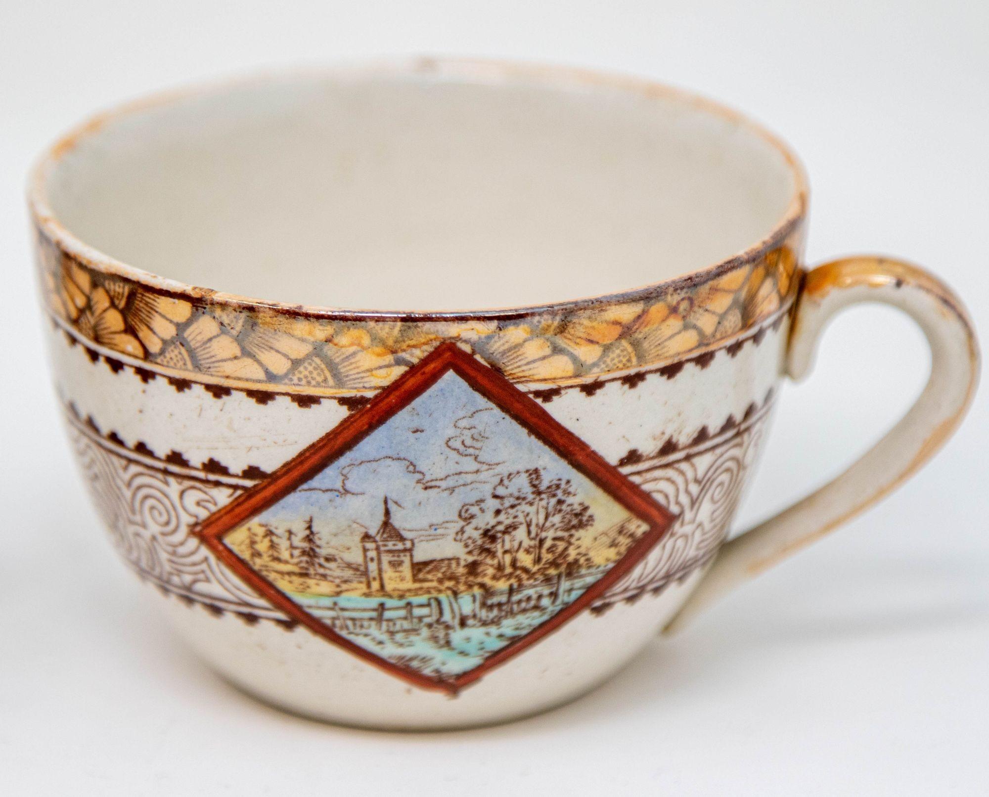 Platos y tazas de cerámica de transferencia estética policromada Wisconsin por Brownfield s. XIX en venta 8