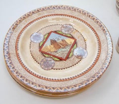Polychrome Aesthetic Transferware Plates and Cups Wisconsin by Brownfield 19th c