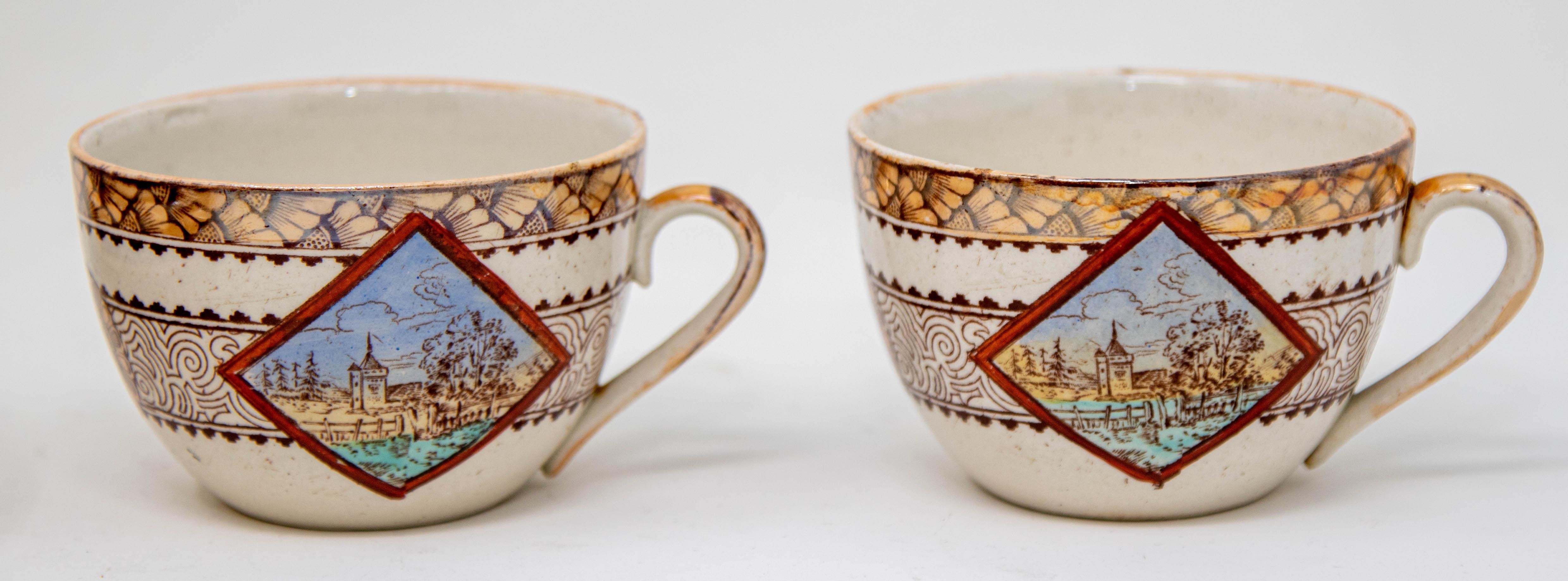 Platos y tazas de cerámica de transferencia estética policromada Wisconsin por Brownfield s. XIX en venta 2