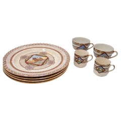 Platos y tazas de cerámica de transferencia estética policromada Wisconsin por Brownfield s. XIX