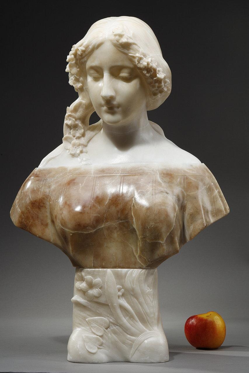 Buste en albâtre polychrome, représentant une jeune femme, signé 