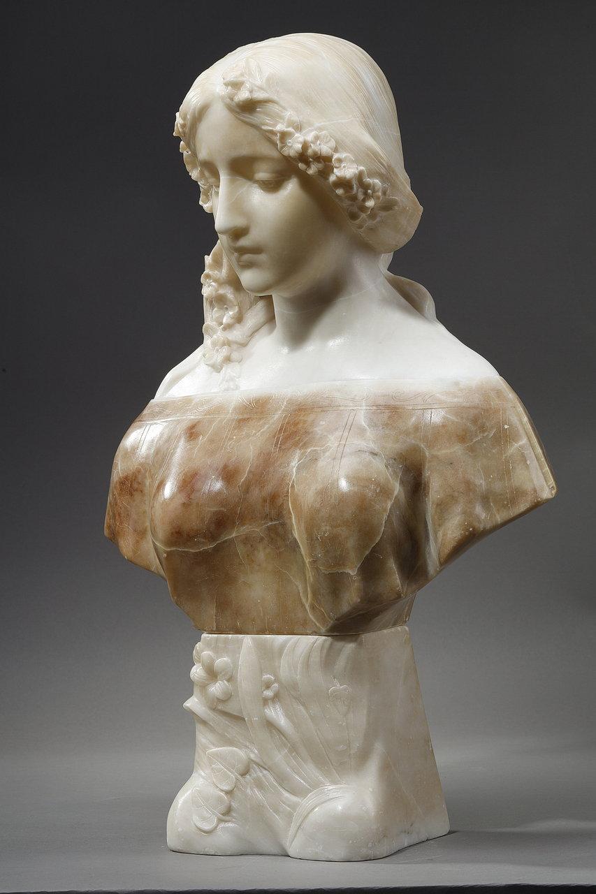 Art nouveau Sculpture en albâtre polychrome d'un buste de femme par a. Gory, fin du XIXe siècle