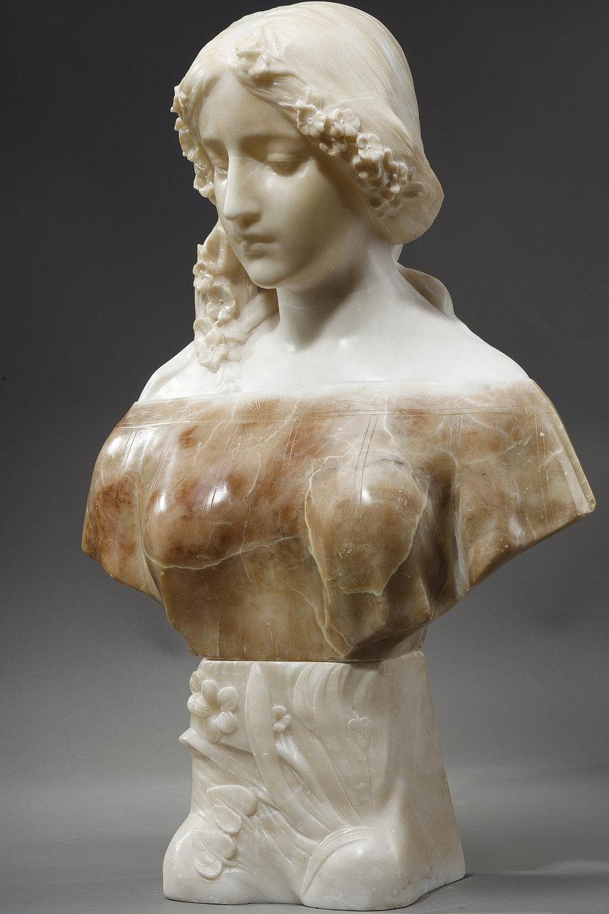 Français Sculpture en albâtre polychrome d'un buste de femme par a. Gory, fin du XIXe siècle
