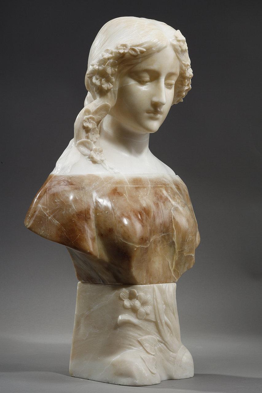Sculpté Sculpture en albâtre polychrome d'un buste de femme par a. Gory, fin du XIXe siècle