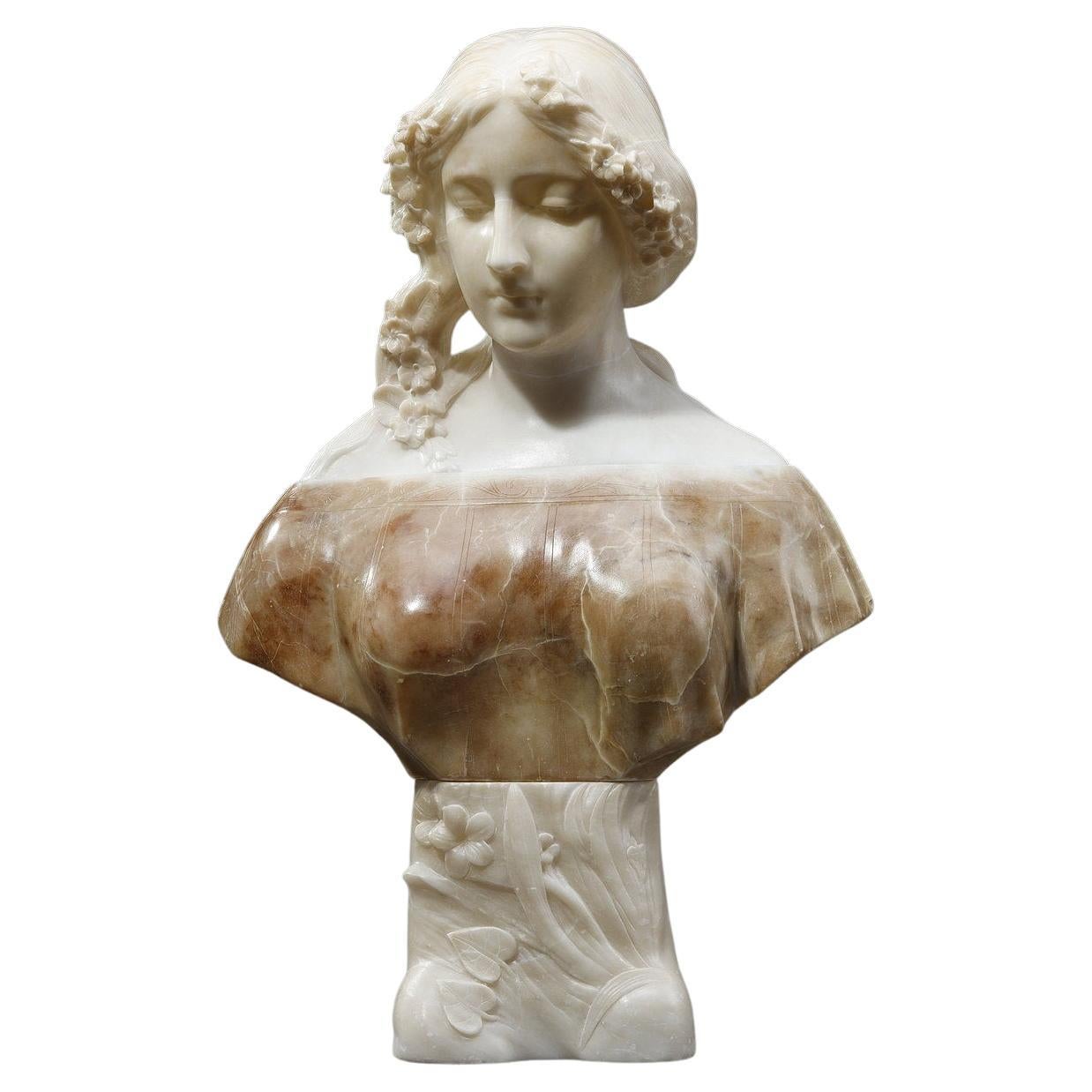 Sculpture en albâtre polychrome d'un buste de femme par a. Gory, fin du XIXe siècle
