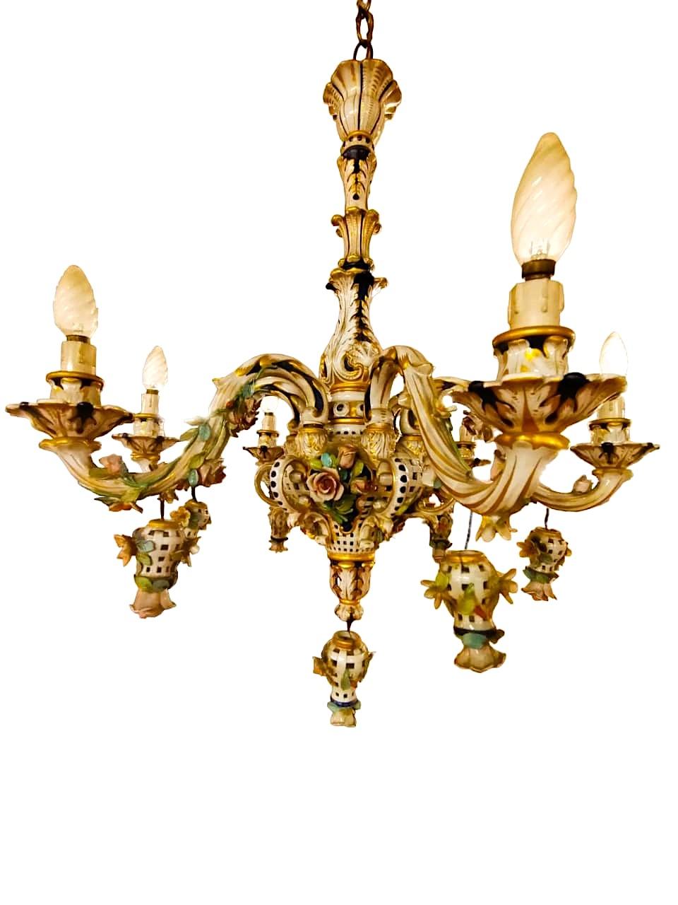 20th Century Polychrome Capodimonte Porcelain Chandelier, from the 1950s. For Sale