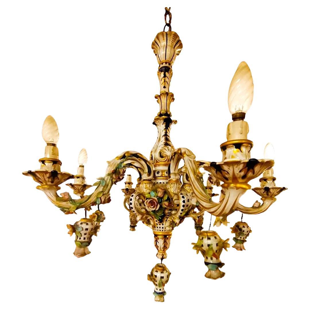 Polychrome Capodimonte Porcelain Chandelier, from the 1950s. For Sale