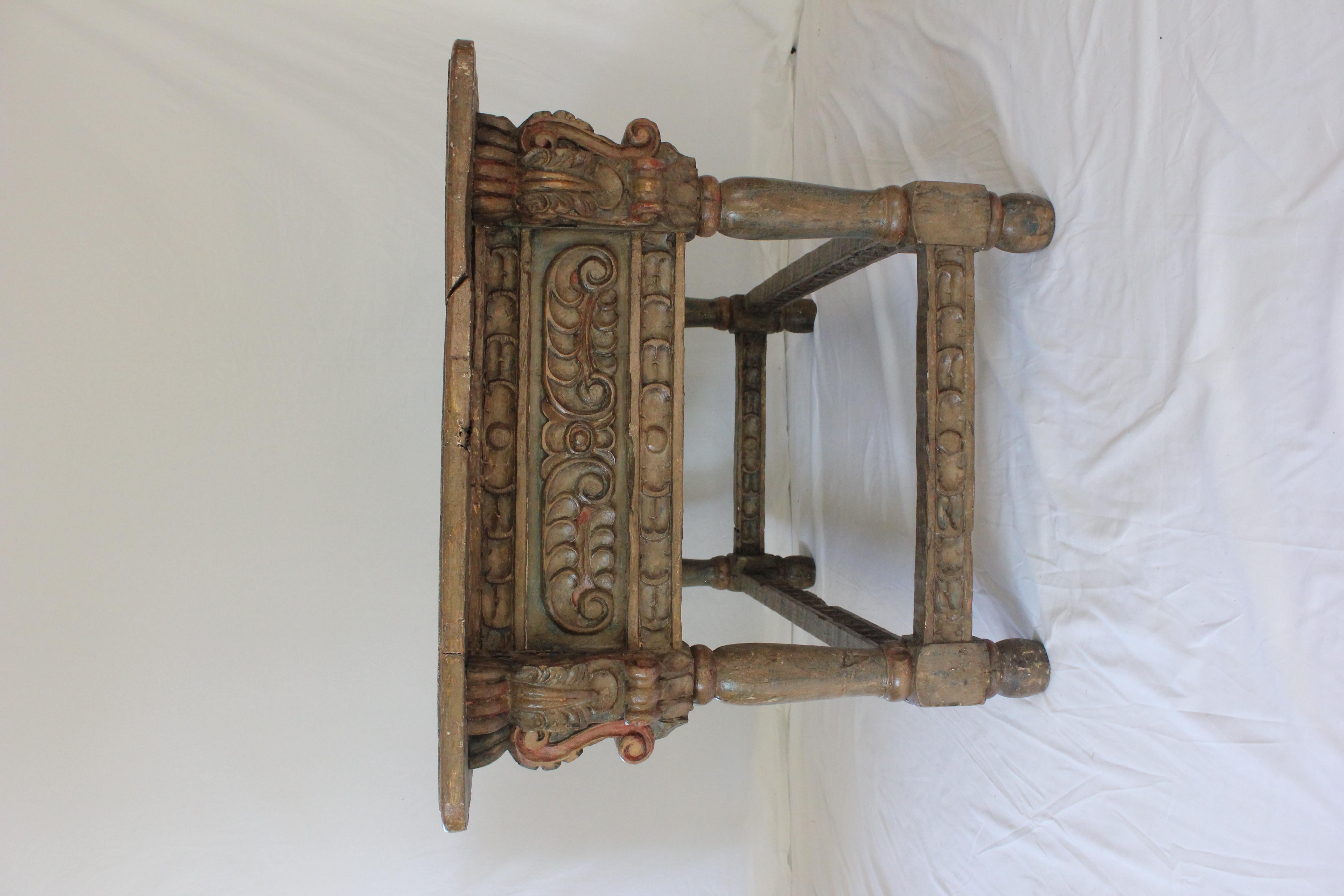 Polychrome Carved Spanish Baroque / Colonial Oak Refectory Table Circa 1750 For Sale 4