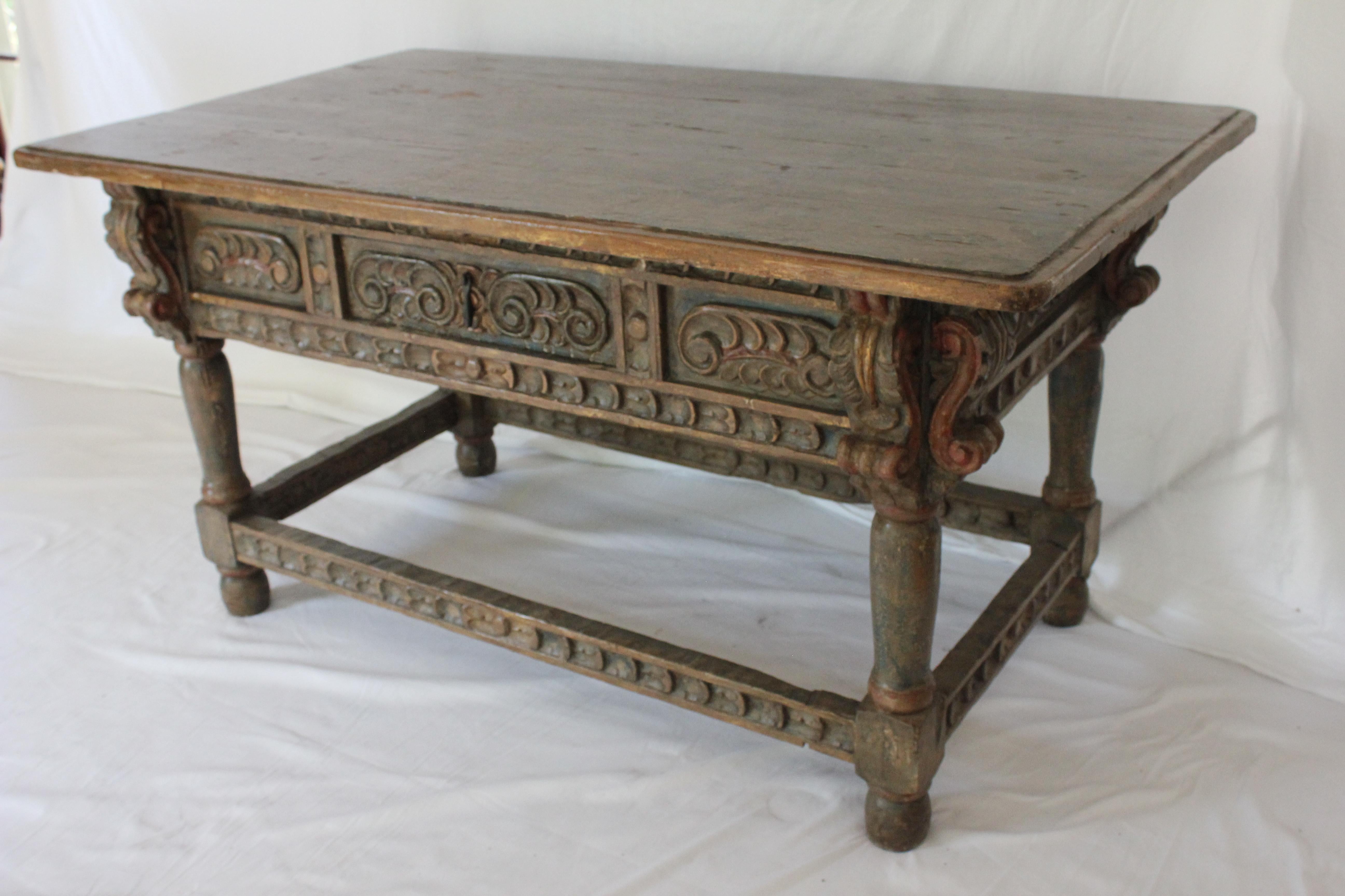 Spanish Colonial Polychrome Carved Spanish Baroque / Colonial Oak Refectory Table Circa 1750 For Sale